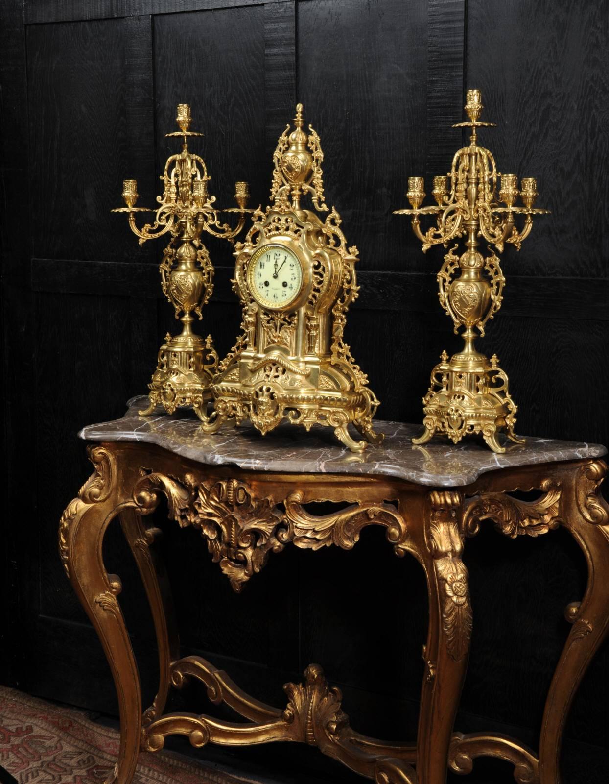 19th Century Large Antique French Gilt Bronze Clock Set by Louis Japy