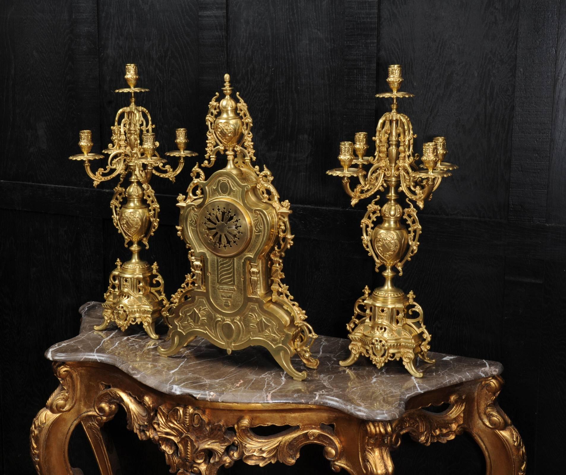 Large Antique French Gilt Bronze Clock Set by Louis Japy 1