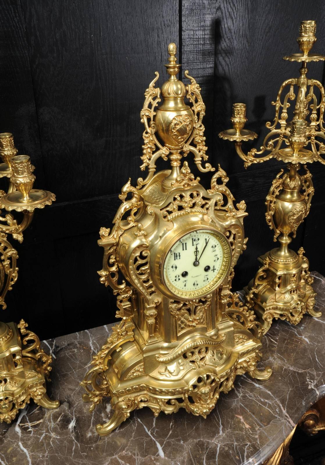 Large Antique French Gilt Bronze Clock Set by Louis Japy 2