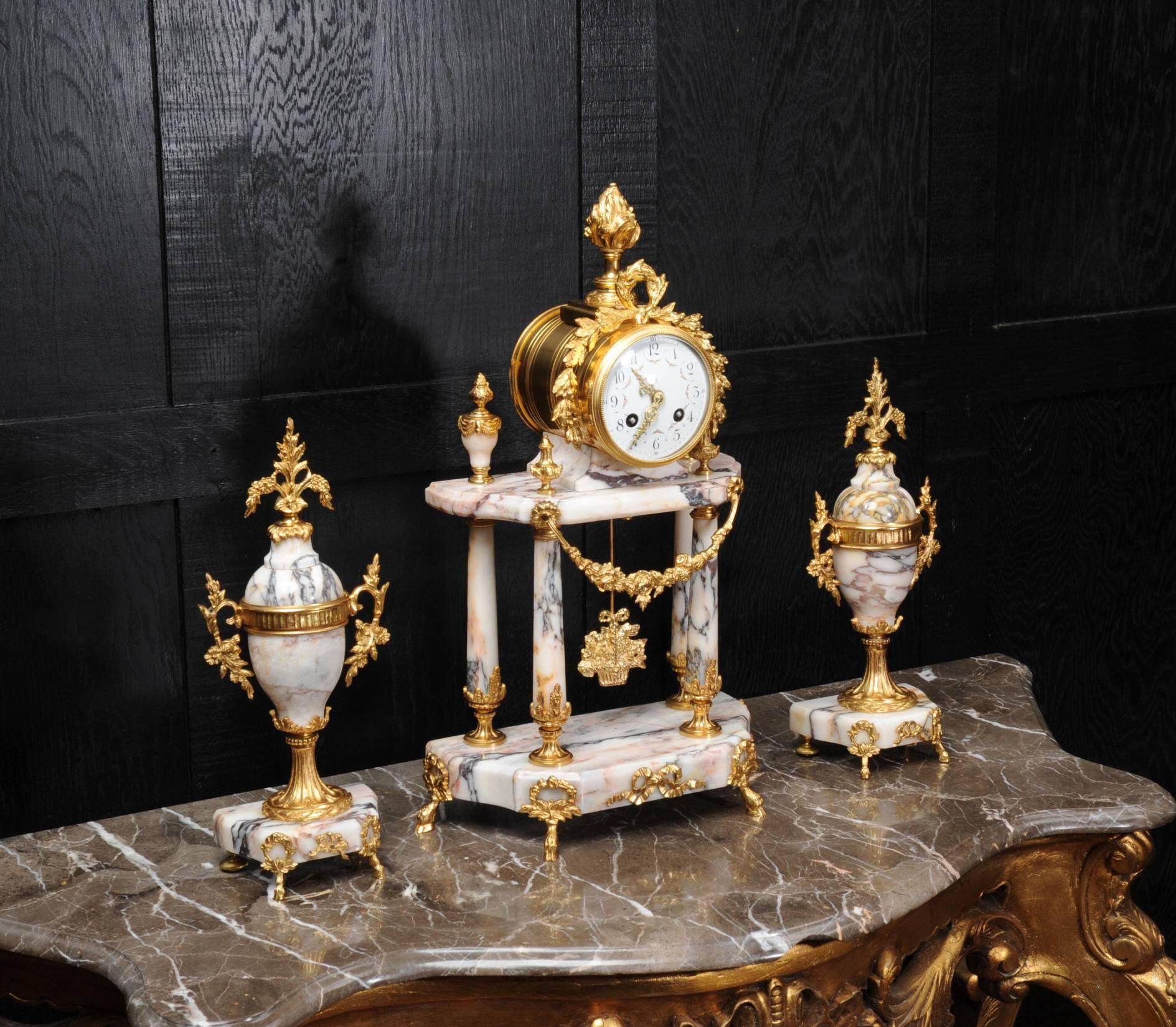 Neoclassical Stunning Marble and Ormolu Portico Clock Set by Samuel Marti