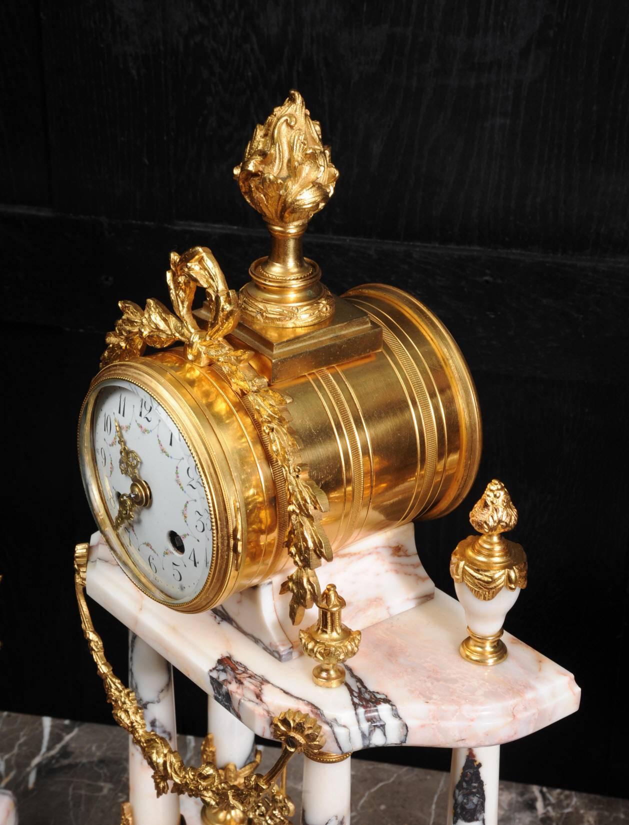 French Stunning Marble and Ormolu Portico Clock Set by Samuel Marti