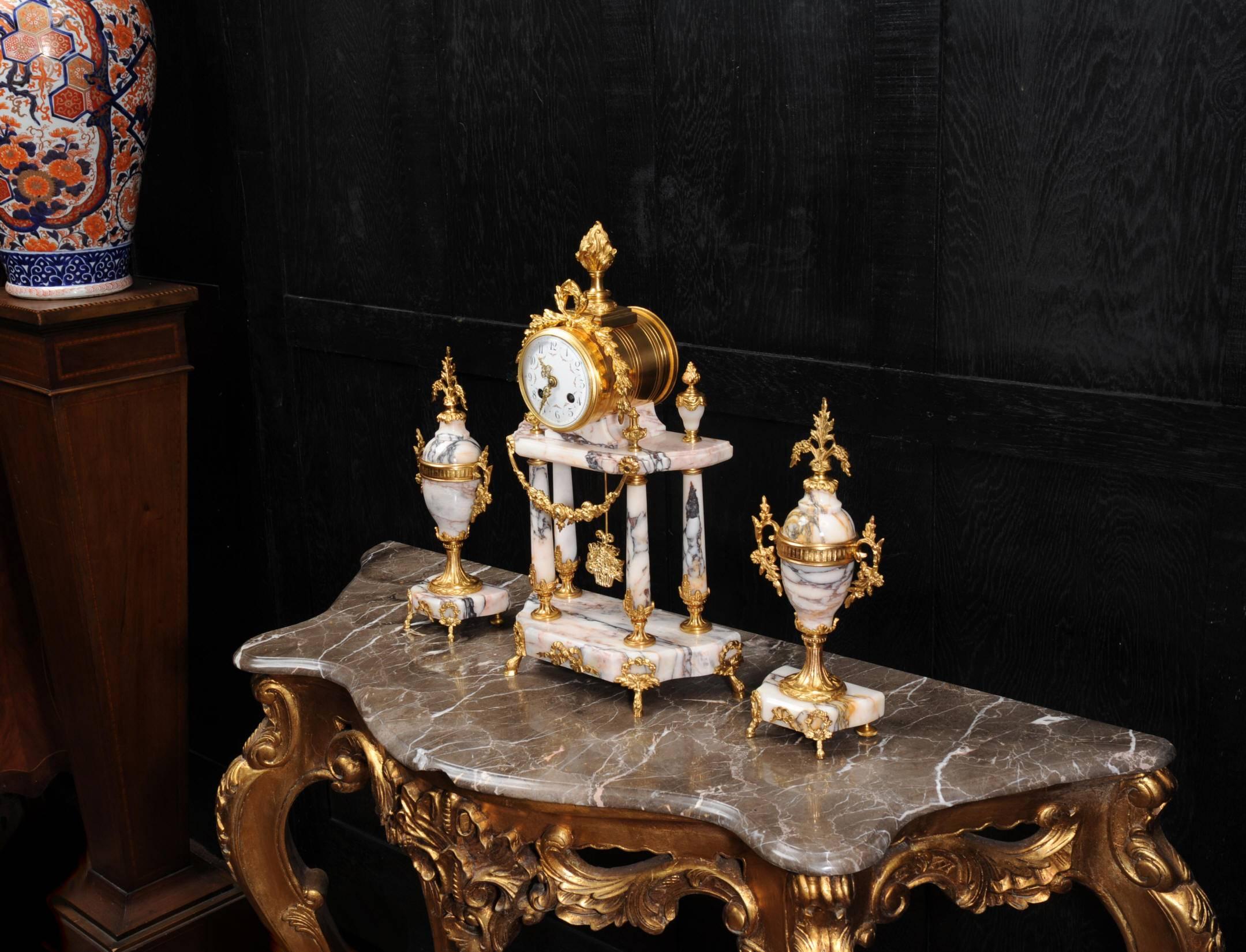 Gilt Stunning Marble and Ormolu Portico Clock Set by Samuel Marti