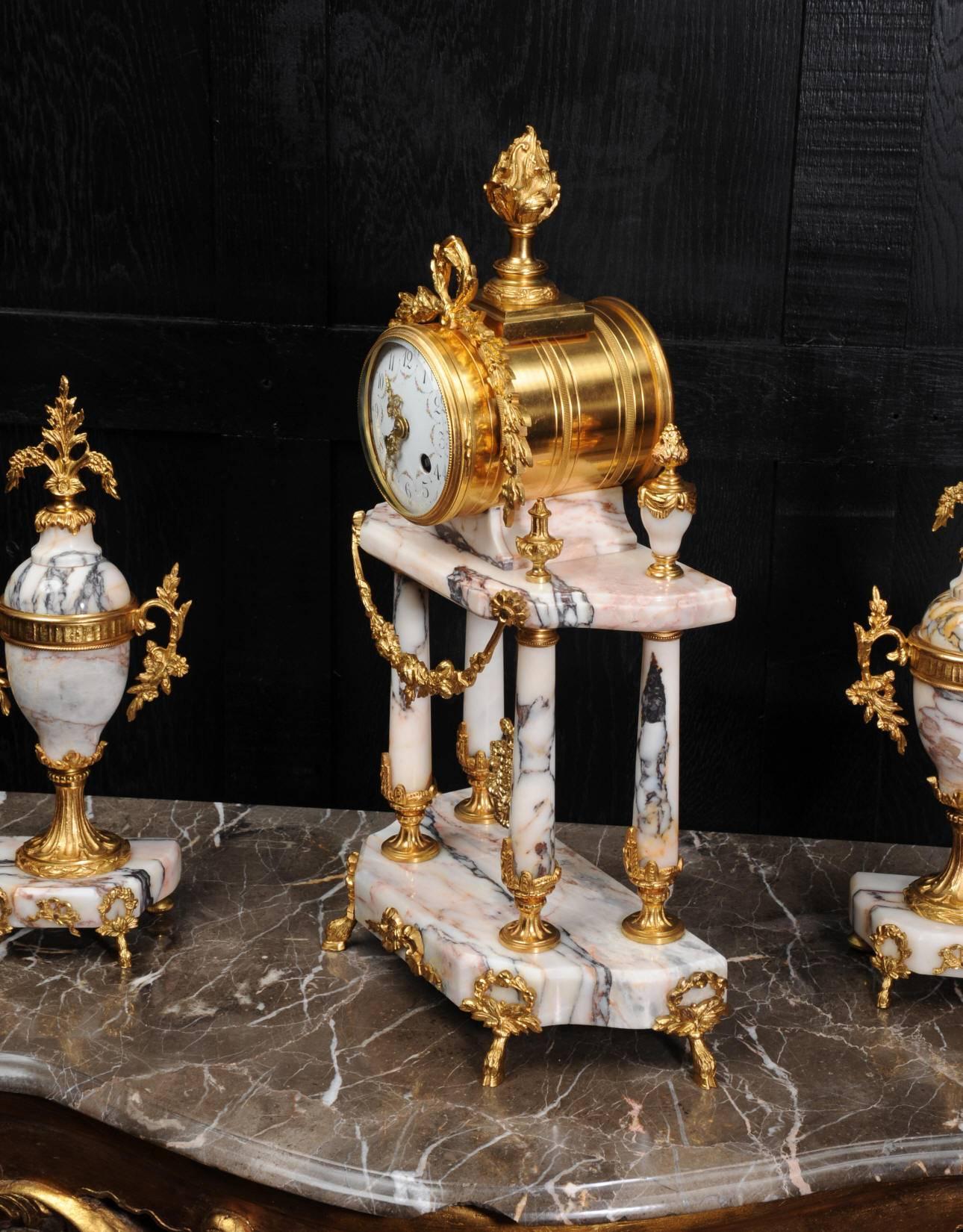 Stunning Marble and Ormolu Portico Clock Set by Samuel Marti In Excellent Condition In Belper, Derbyshire