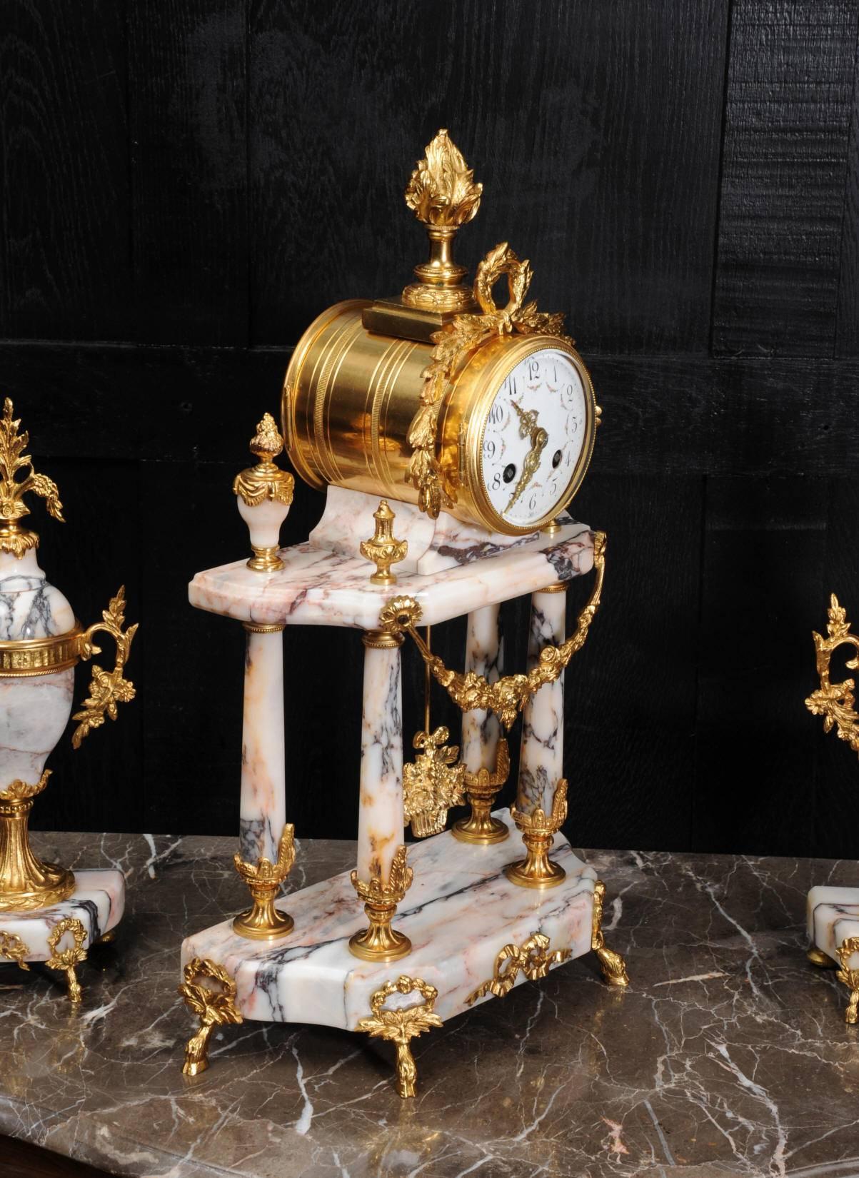 19th Century Stunning Marble and Ormolu Portico Clock Set by Samuel Marti