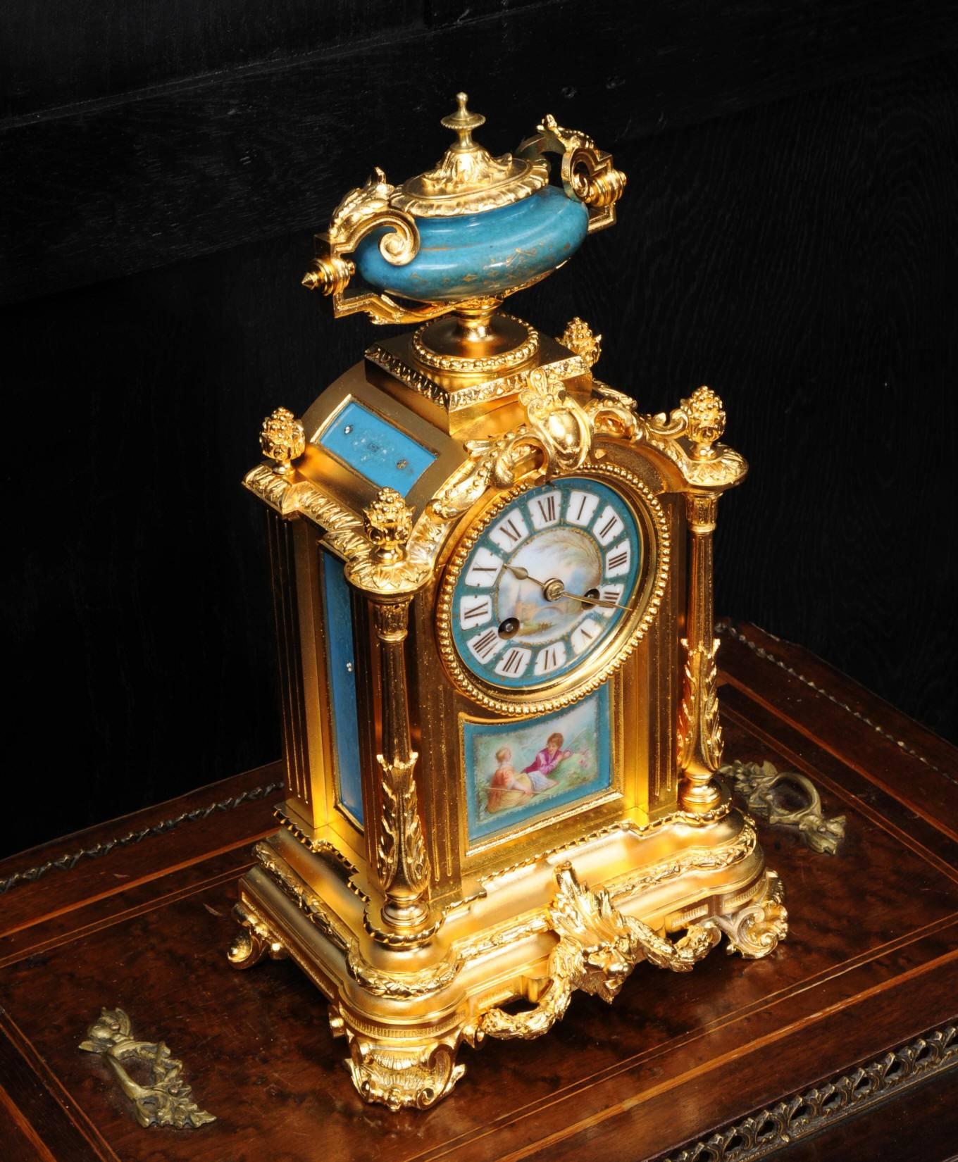 A sumptuous boudoir clock, fine gilding on bronze and lovely turquoise Sèvres style porcelain. It is by the renown clock making firm of Le Roy et Fils and was probably made in Paris and retailed from their Bond Street shop, circa 1880. Porcelain is