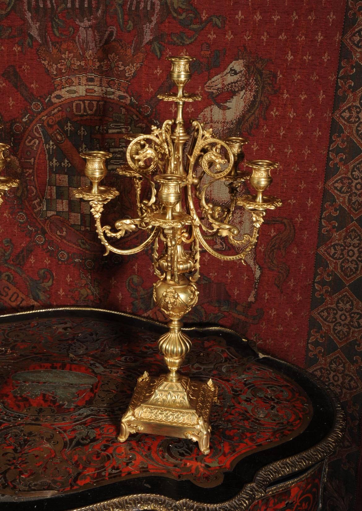 Large Pair of French Baroque Gilt Bronze Candelabra In Excellent Condition In Belper, Derbyshire