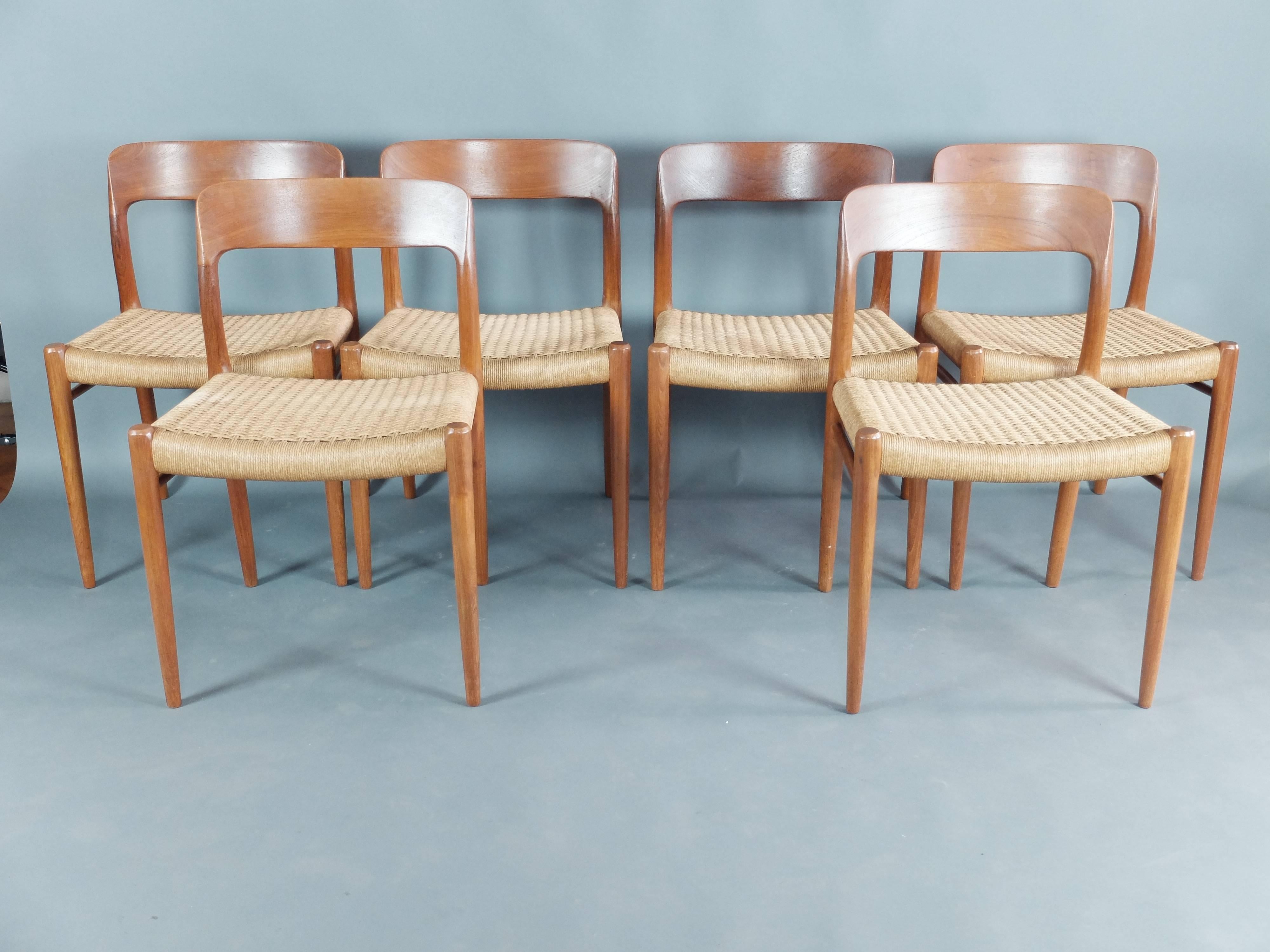 A set of eight Mid-Century teak dining chairs by Niels Moller Model no 75

two armchairs and six singles with original Danish cord seats.

With maker's and Danish Control labels.

 