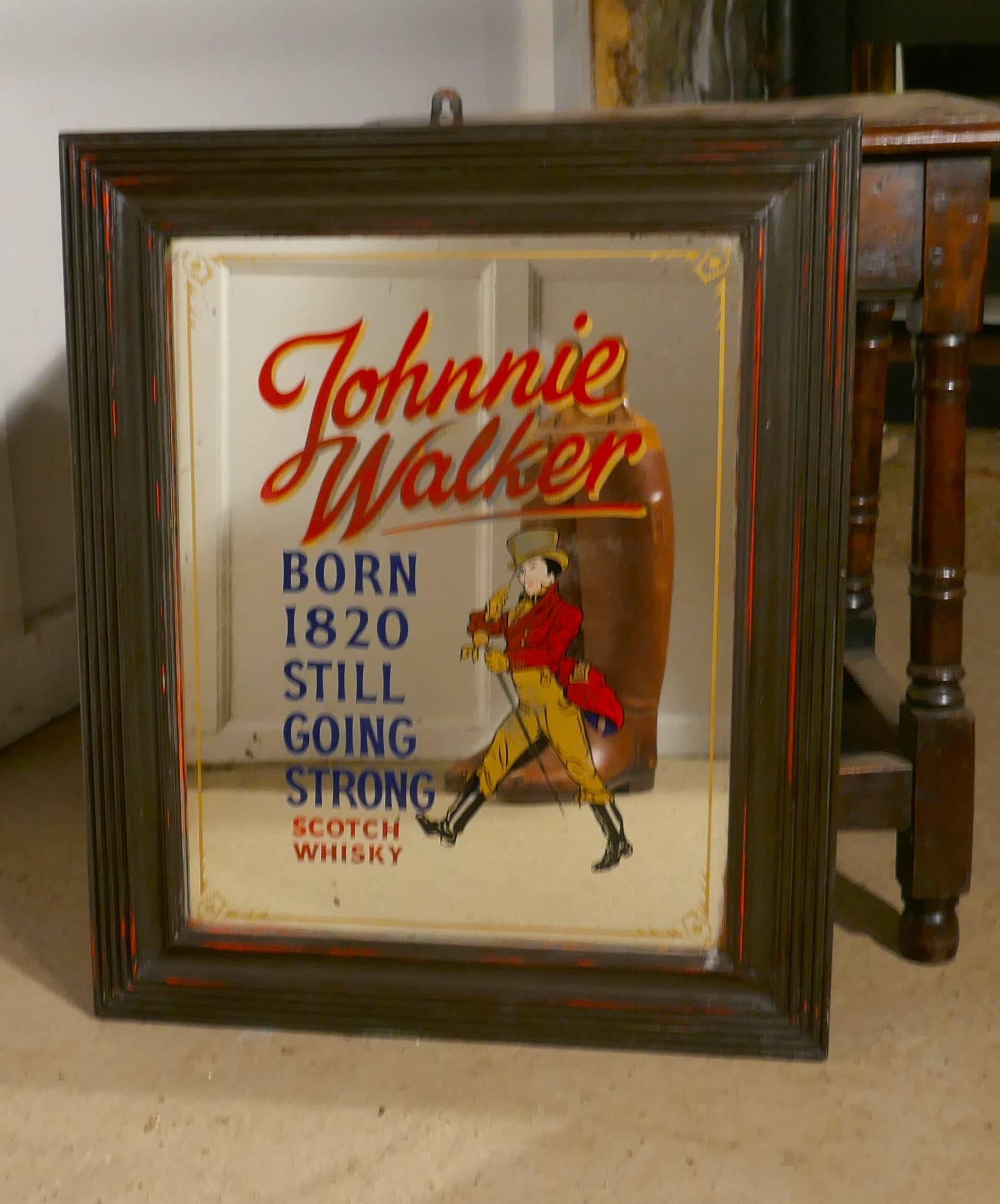 The mirror is painted with the character of Johnnie Walker in his riding boots, britches, top hat and tail coat in hunting pink, monocle in hand and swagger stick swinging
The shabby painted mirror frame is replacement, the mirror is original with