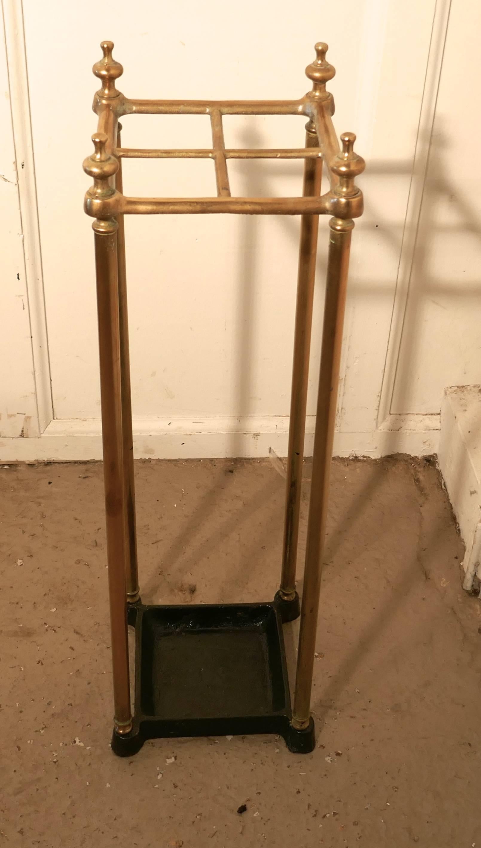 A charming piece, the stand has a brass top divided into four sections to hold either walking sticks or umbrellas, the heavy iron base is also the drip tray
The stand is 26” high, 9” square
TRB185.