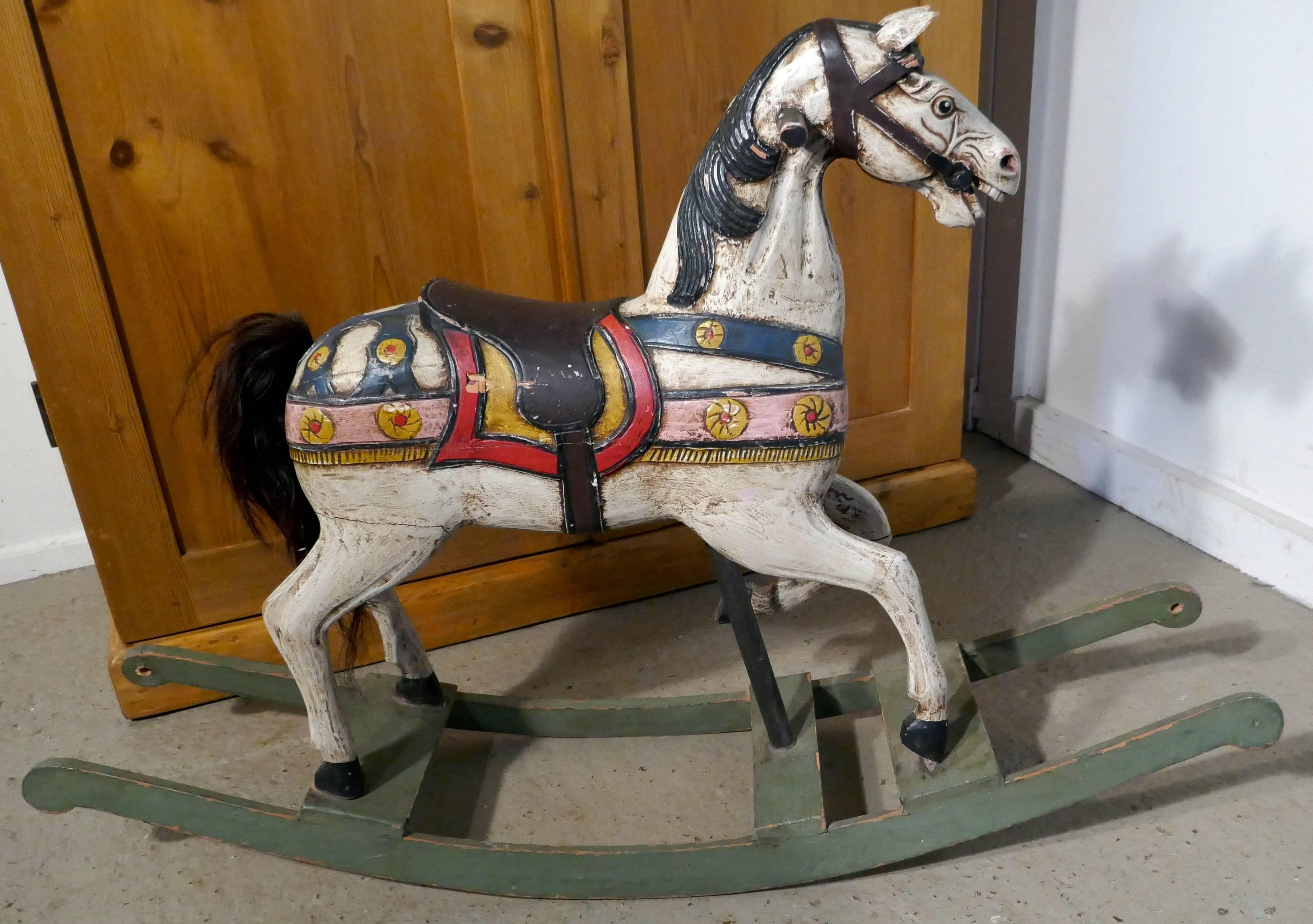 Late Victorian 19th Century Carved and Painted Wooden Rocking Horse