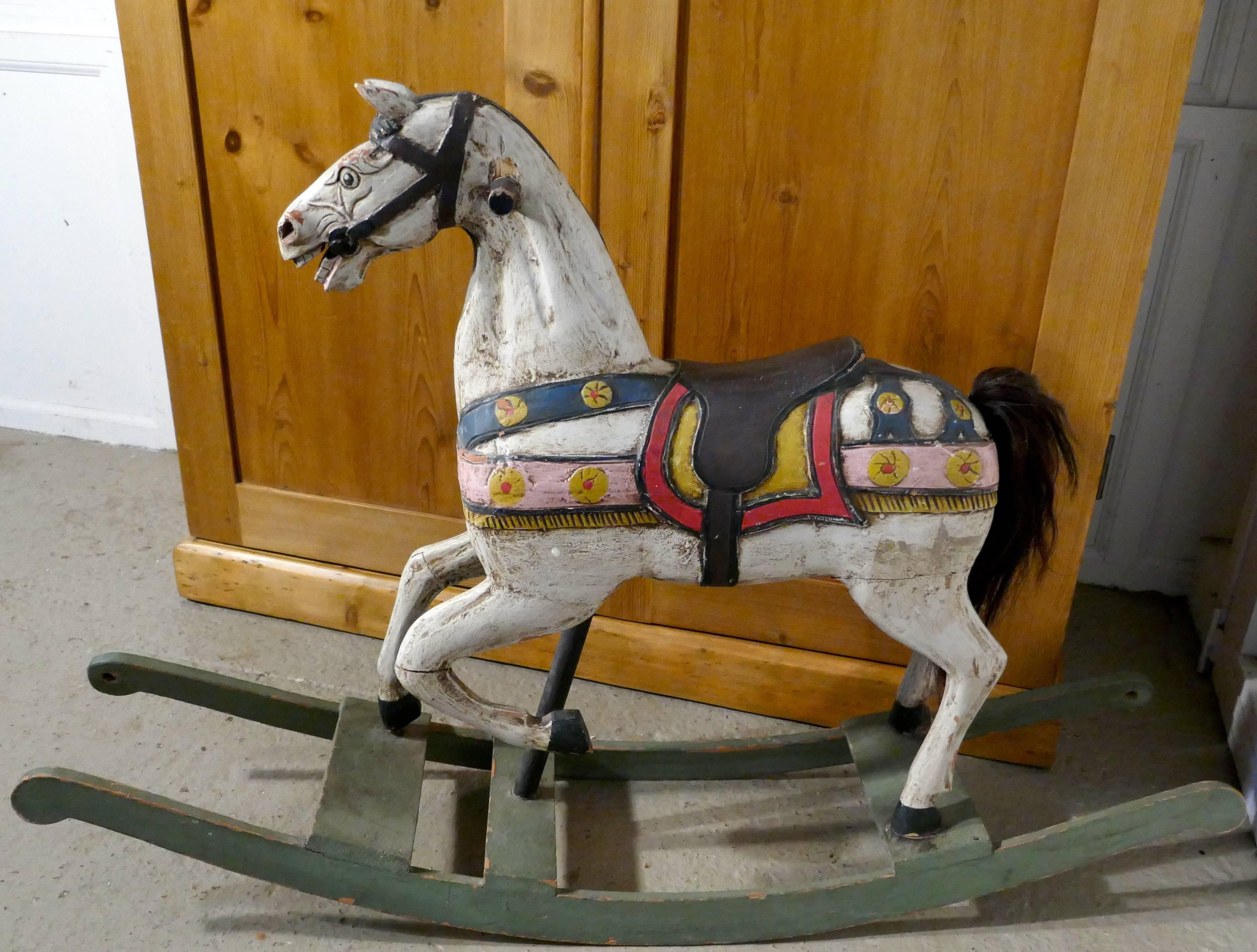 Hand-Painted 19th Century Carved and Painted Wooden Rocking Horse
