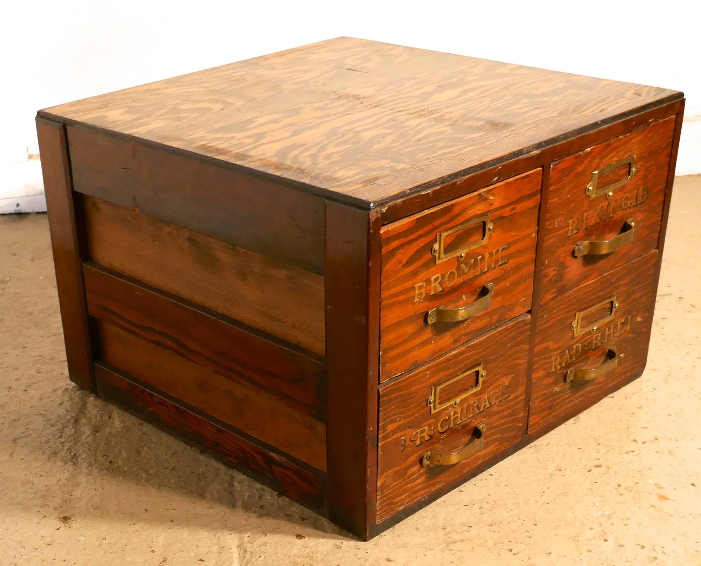 Filing cabinet, chemist drawers with gold lettering, coffee tables.

This attractive cube has four drawers, on the front of each drawer there is a brass handle and lable holder also the name of the intended contents painted in gold.
The cabinet