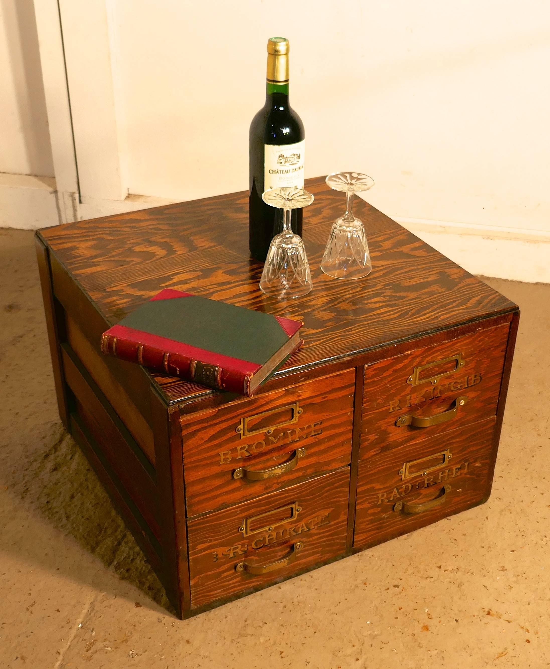 Industrial Filing Cabinet, Chemist Drawers with Gold Lettering, Coffee Tables