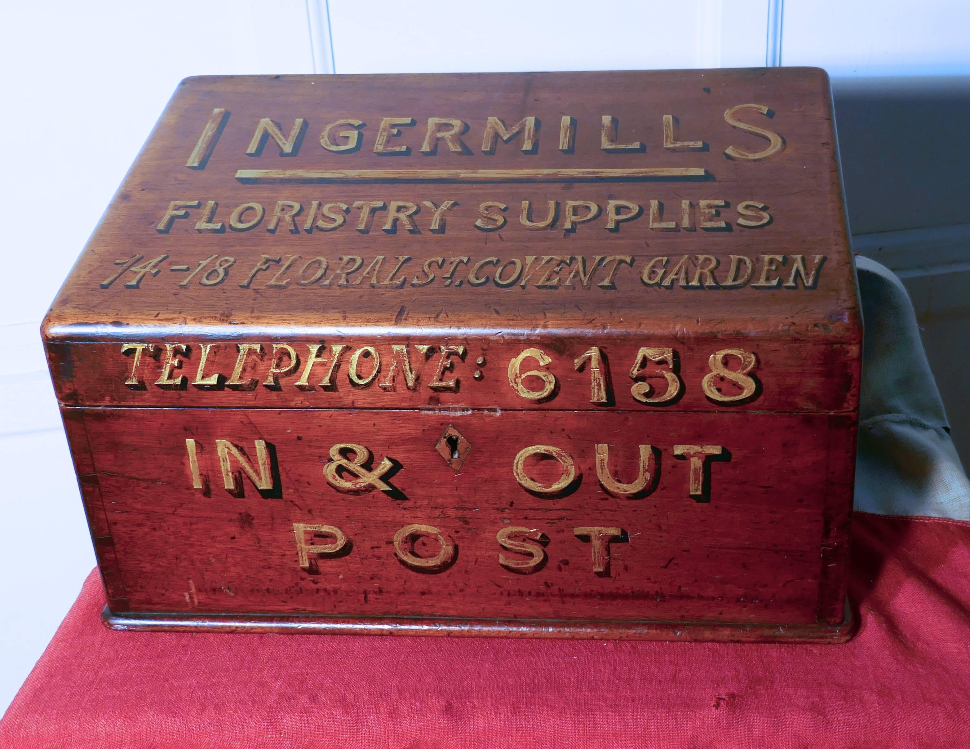 A charming Victorian mahogany post or stationary box

This very attractive box is made in mahogany, it is made in mahogany and has gold and shadowed lettering painted on the front and top advertising Ingermills Florists 
The interior has many