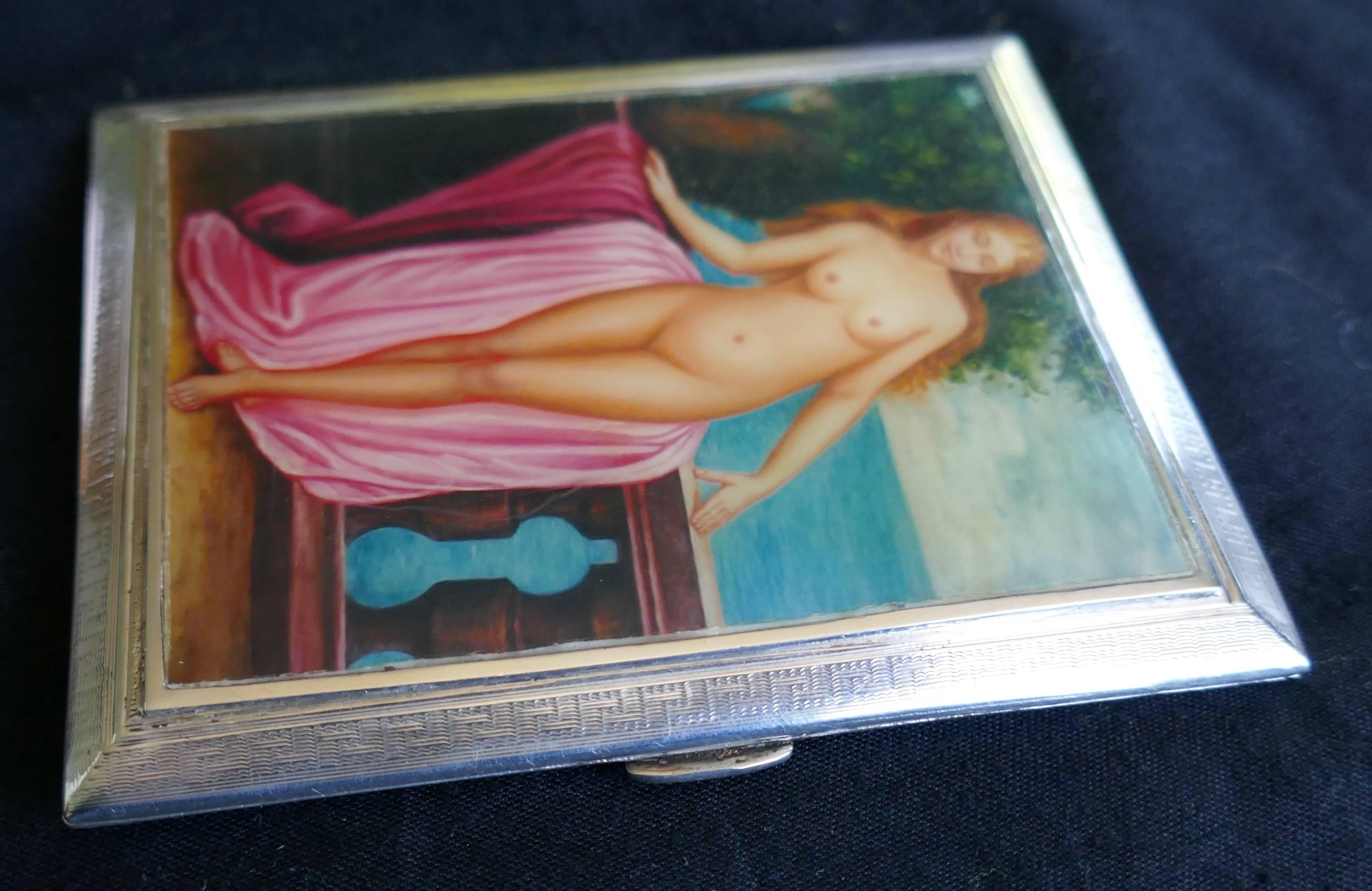 Magnificent Art Nouveau silver and risqué nude enamel cigarette or card case by Padgett & Braham Ltd

This is an exceptional Art Nouveau sterling silver cigarette, it has a rectangular shape with crisp corners, decorated with a key pattern etched