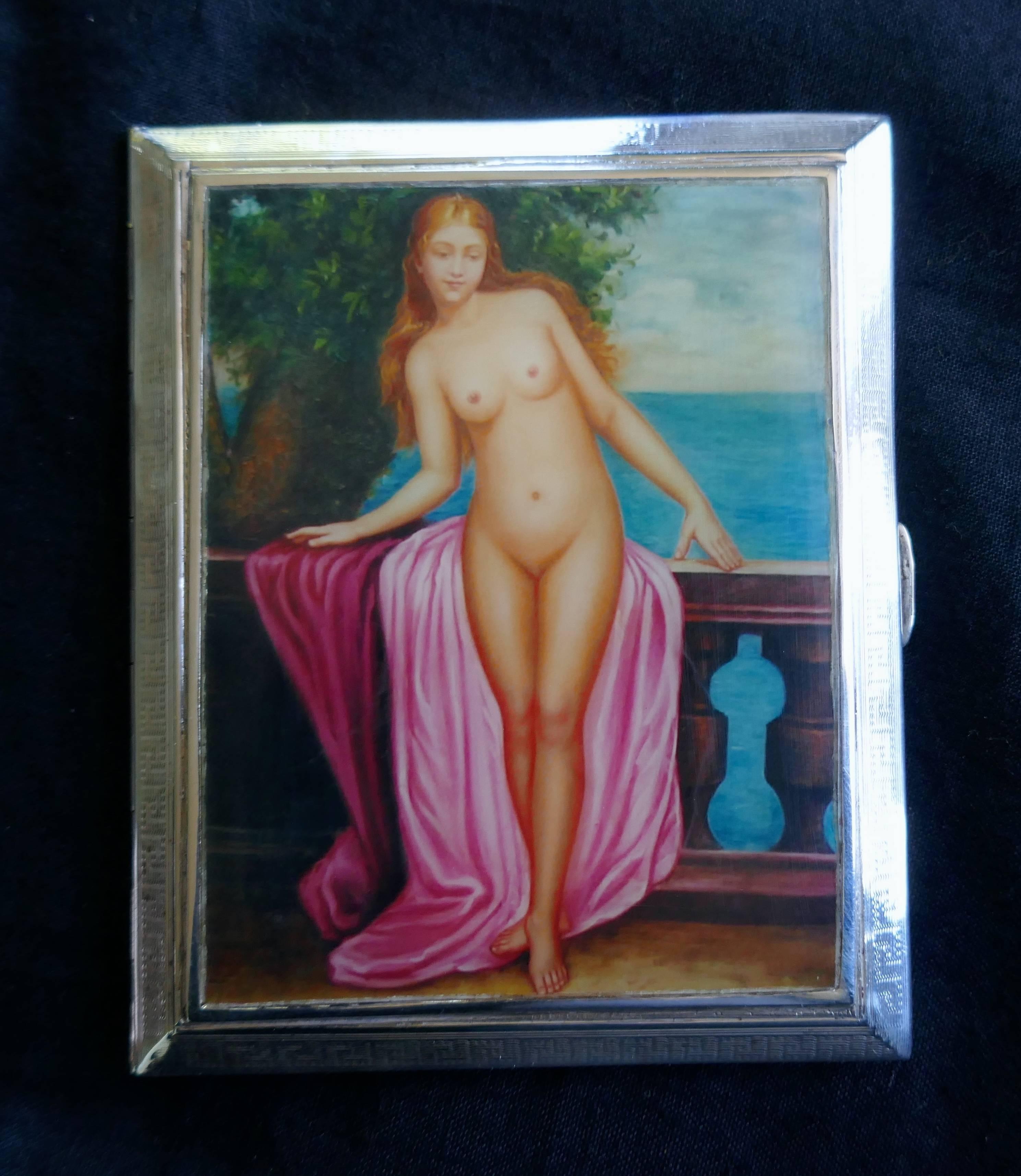 English Art Deco Silver, Risqué Nude Enamel Cigarette or Card Case Padgett & Braham For Sale