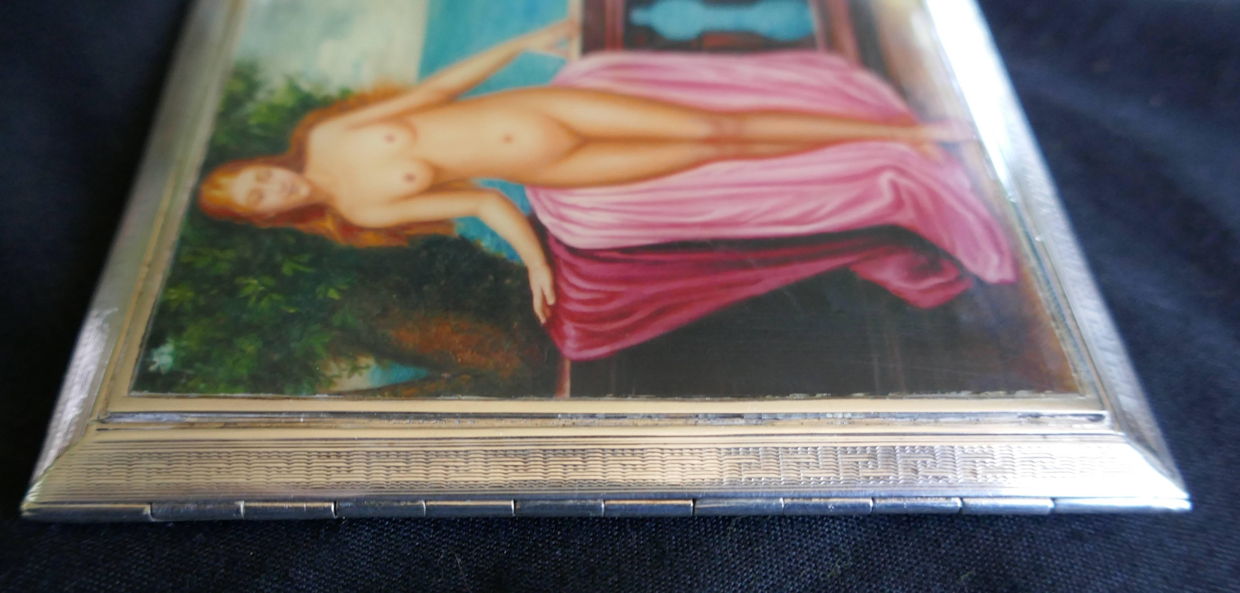 Art Deco Silver, Risqué Nude Enamel Cigarette or Card Case Padgett & Braham In Good Condition For Sale In Chillerton, Isle of Wight