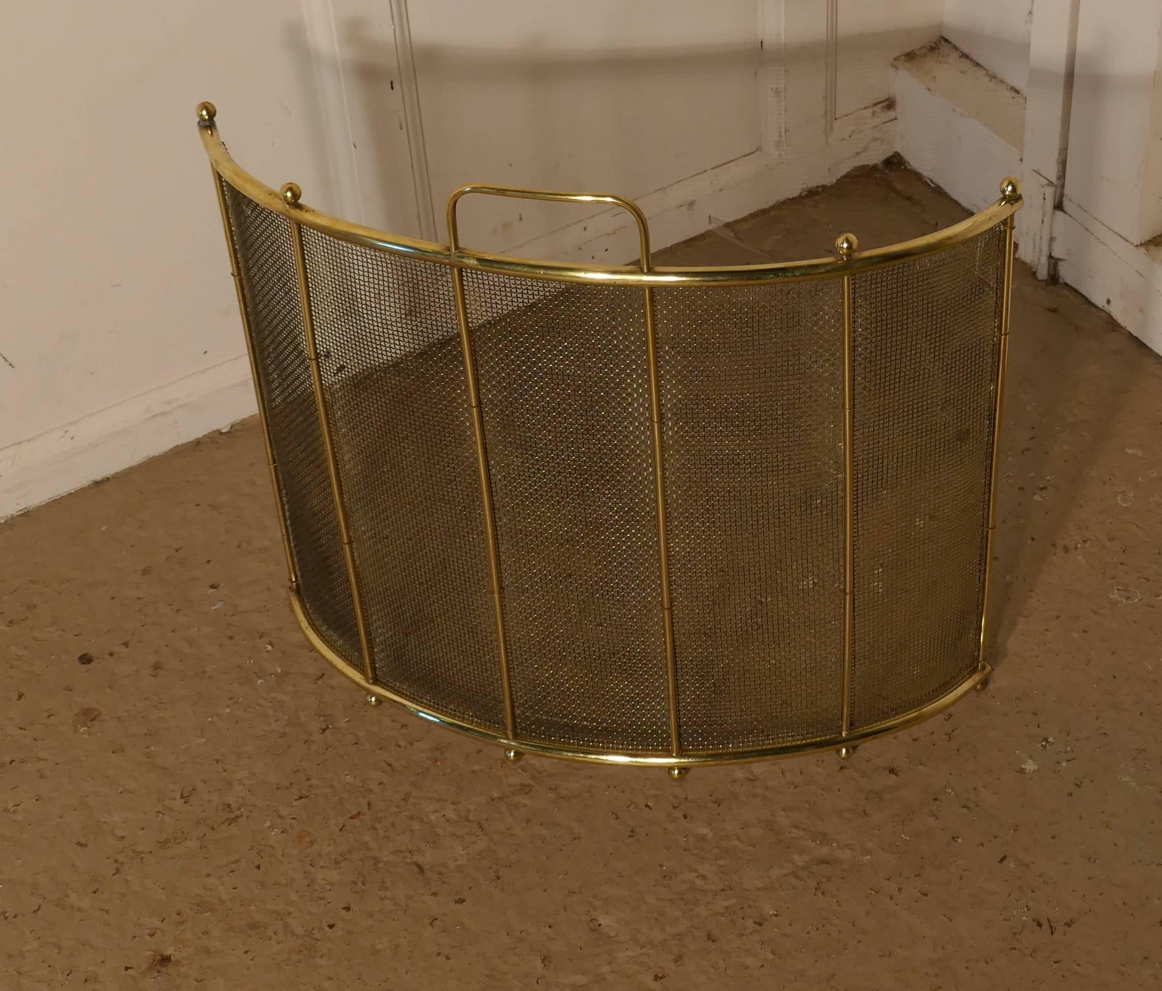 English Victorian Curved Brass Fire Guard, Spark Screen