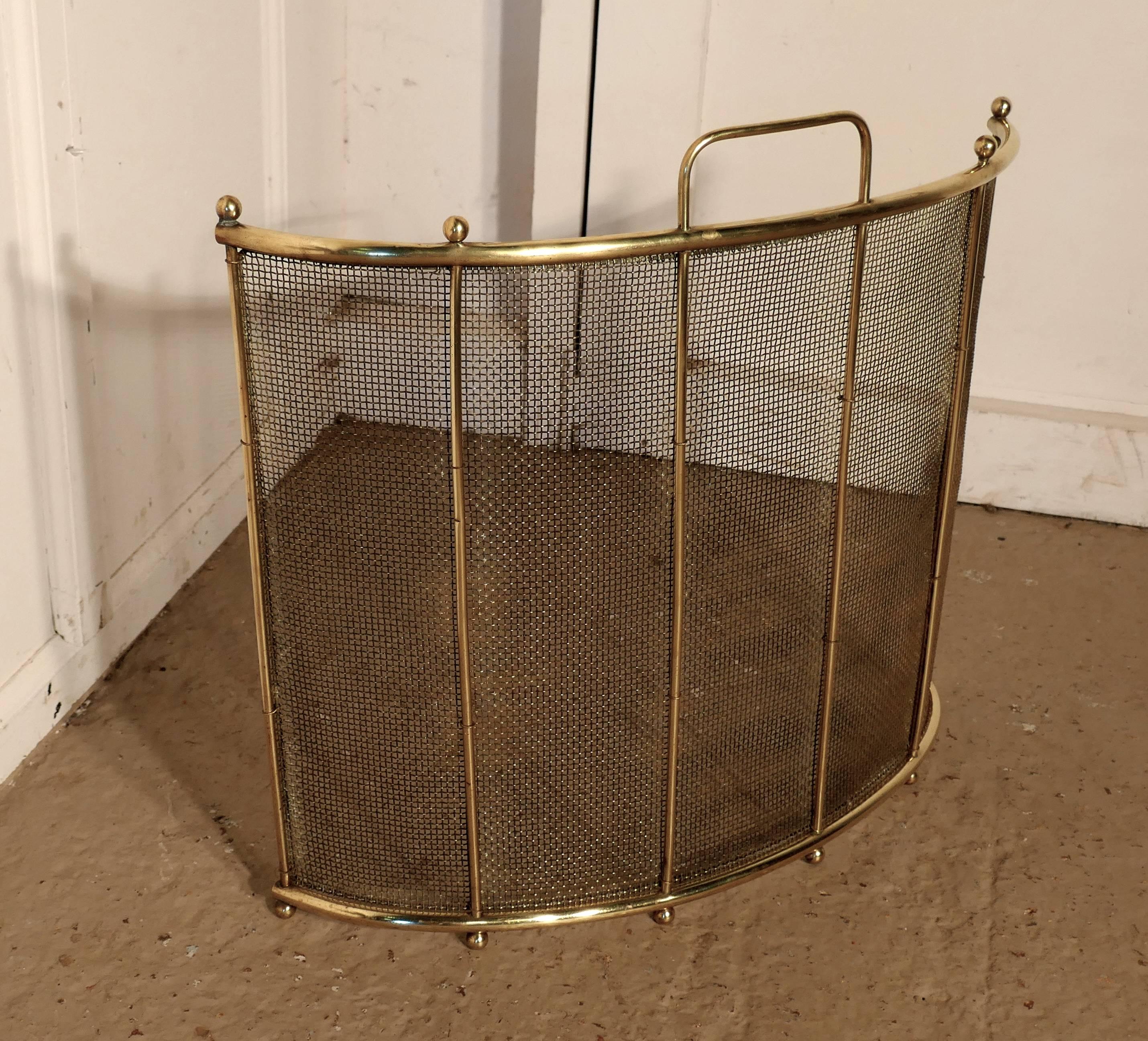 19th Century Victorian Curved Brass Fire Guard, Spark Screen