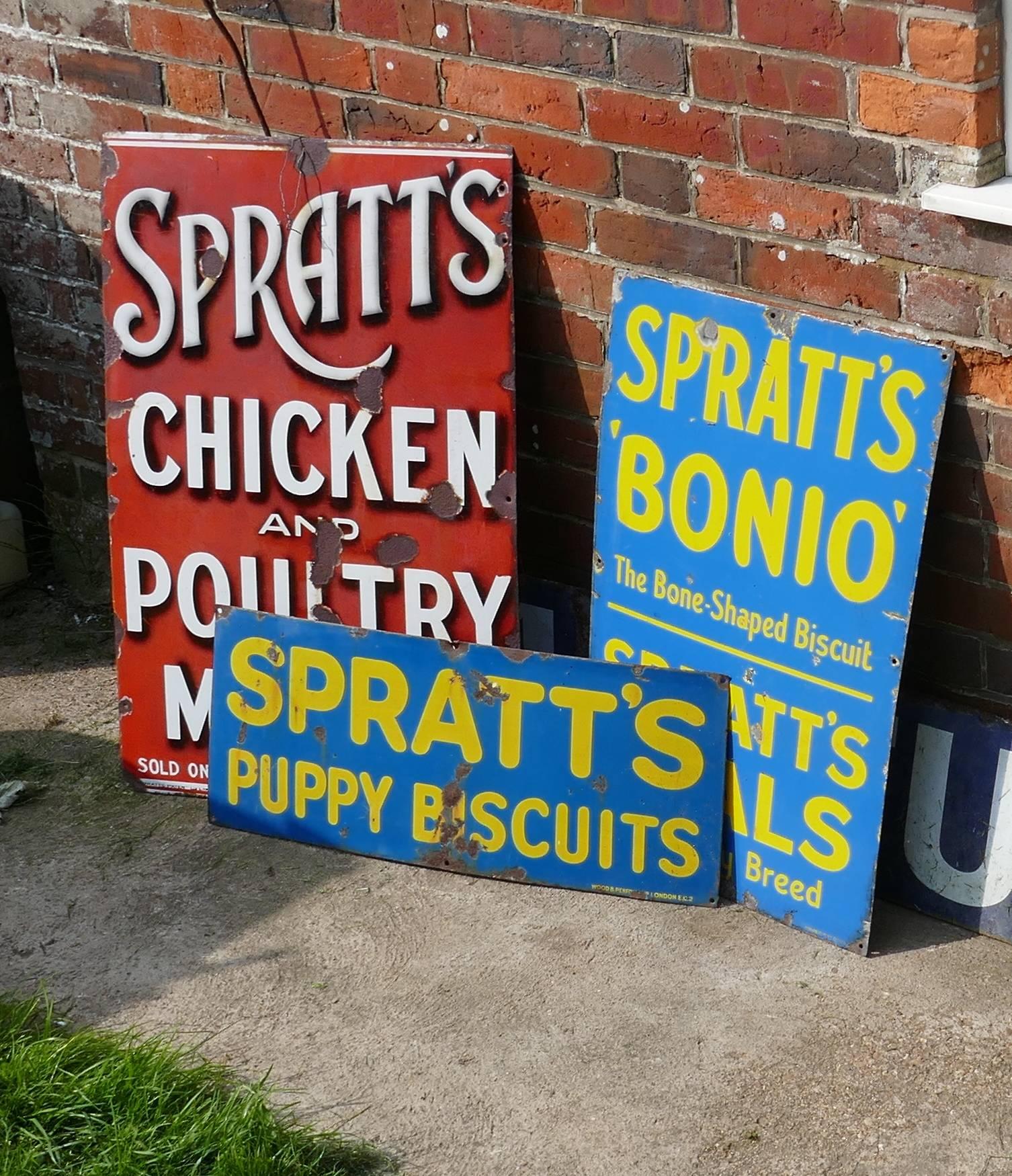Original Spratt’s enamel sign 

Very rare old sign, red background, white writing shadowed in black advertising chicken and poultry meals

The sign is in good general condition it is made in ceramic enamel and has some rust and chipping there is