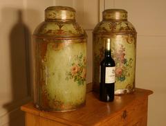 Pair of Early Very Large Hand-Painted Toleware Tea Canisters with Lids