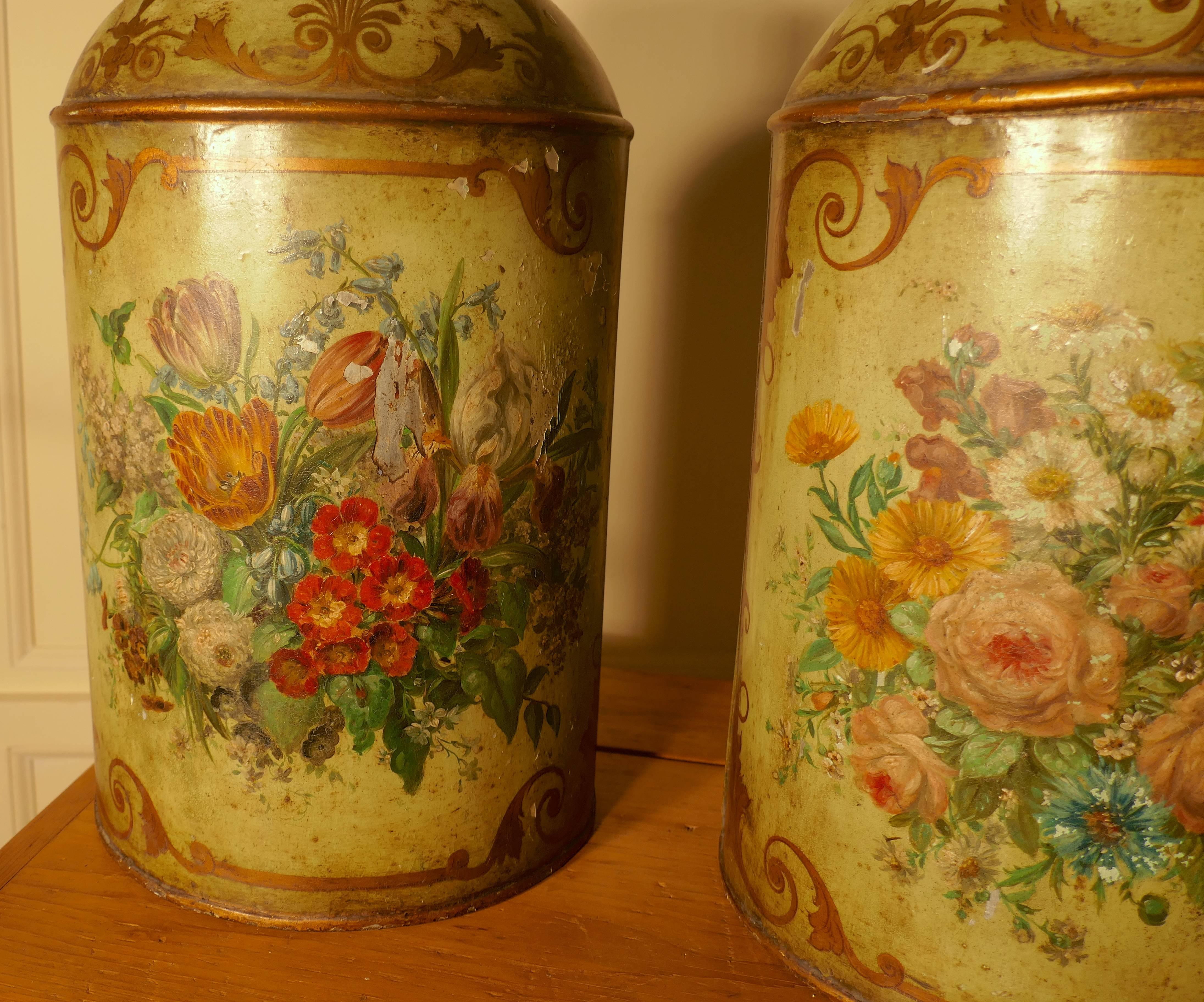 George III Pair of Early Very Large Hand-Painted Toleware Tea Canisters with Lids