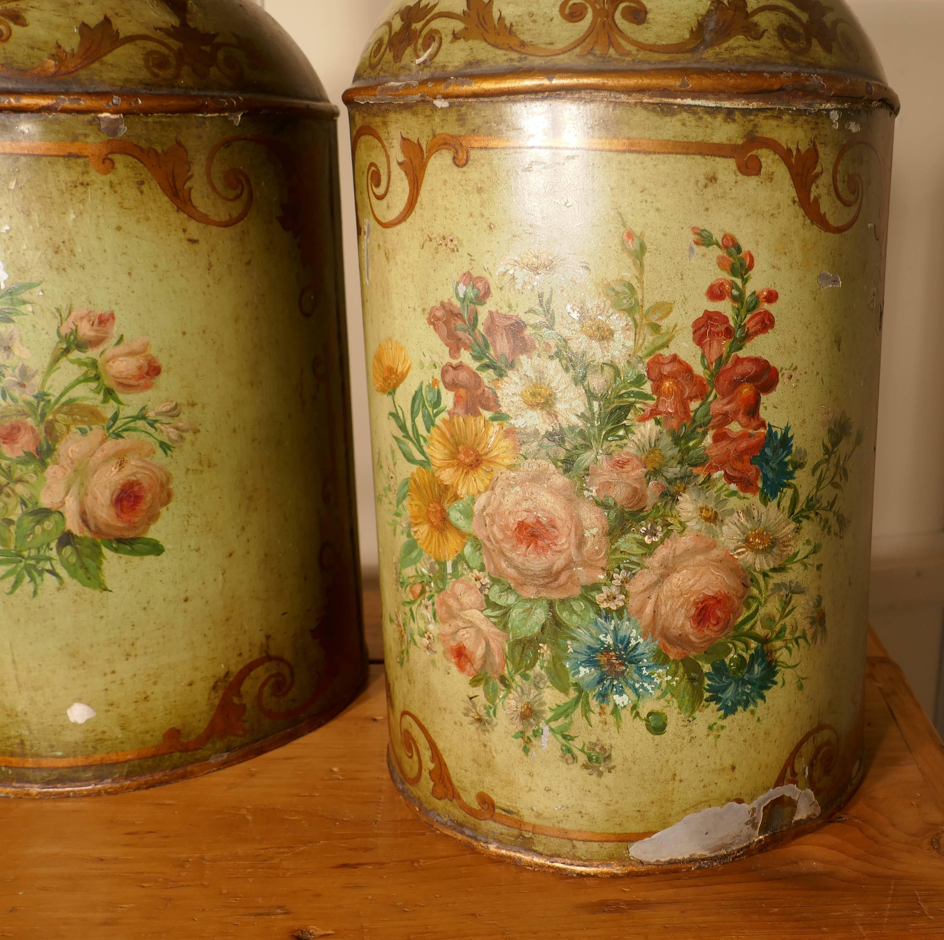 English Pair of Early Very Large Hand-Painted Toleware Tea Canisters with Lids