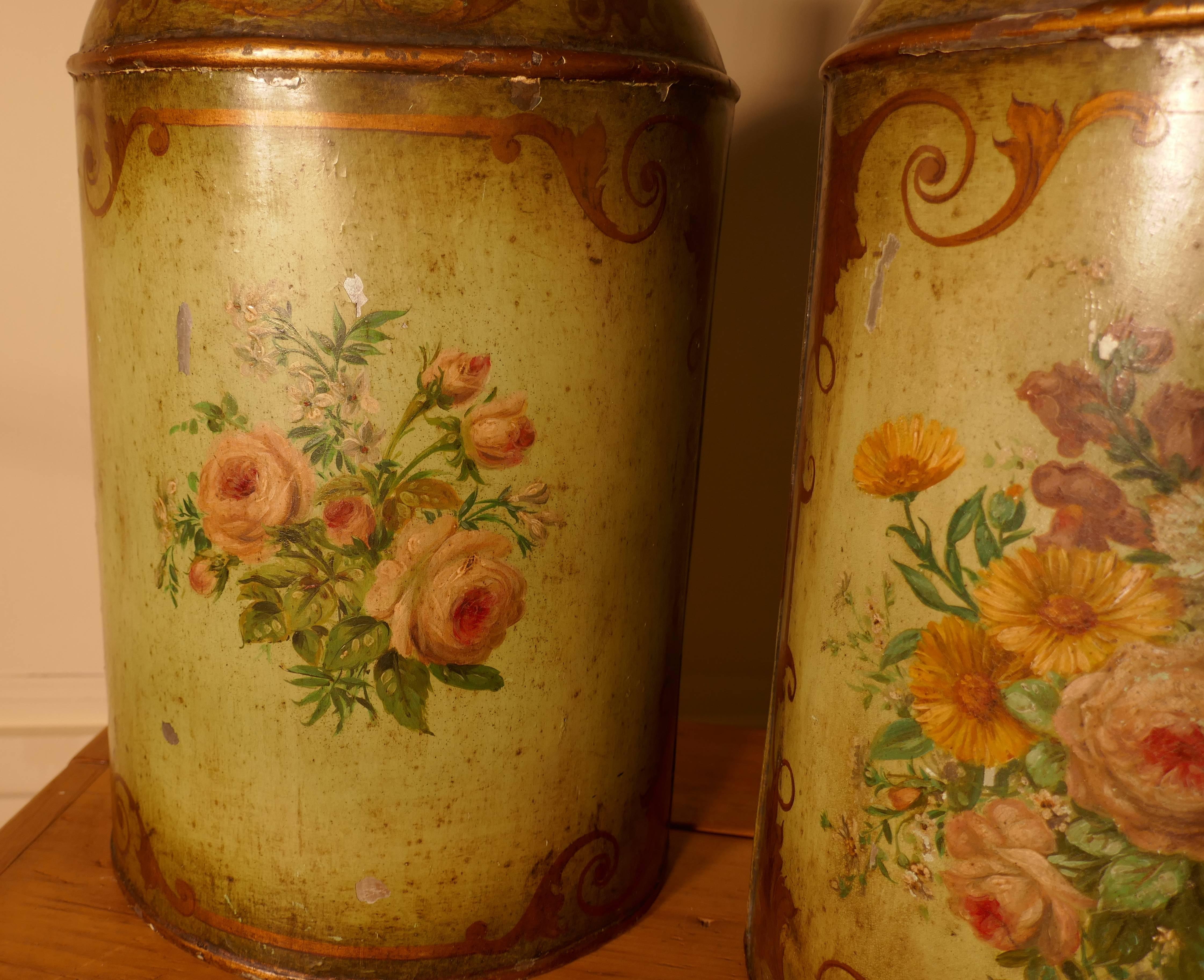 Pair of Early Very Large Hand-Painted Toleware Tea Canisters with Lids In Fair Condition In Chillerton, Isle of Wight