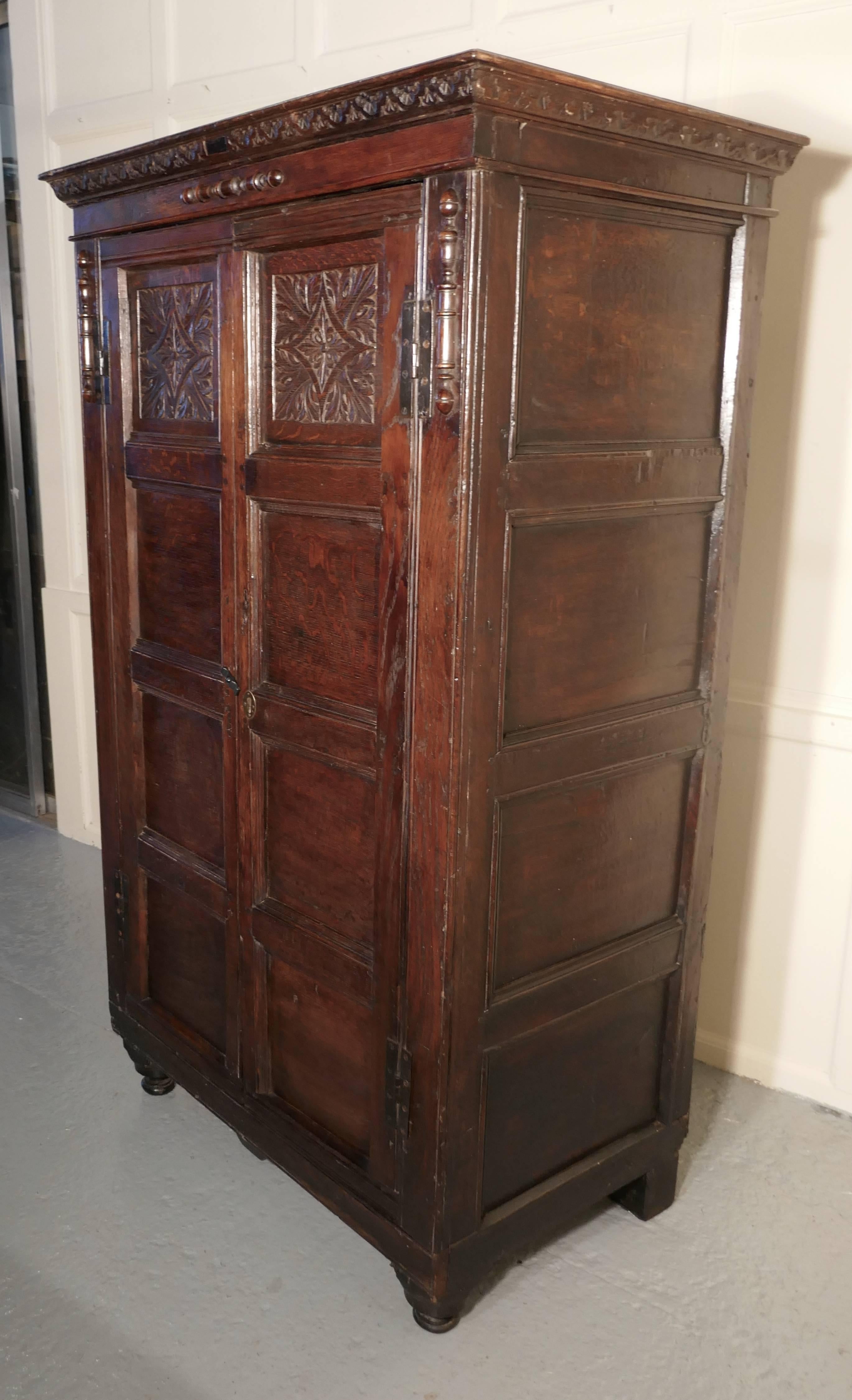 17th century carved oak cupboard or wardrobe

This is a charming full length hanging cupboard, the cupboard was made in the 19th century with oak panels which are from the 17th century
The cupboard is made up entirely with 17th century oak