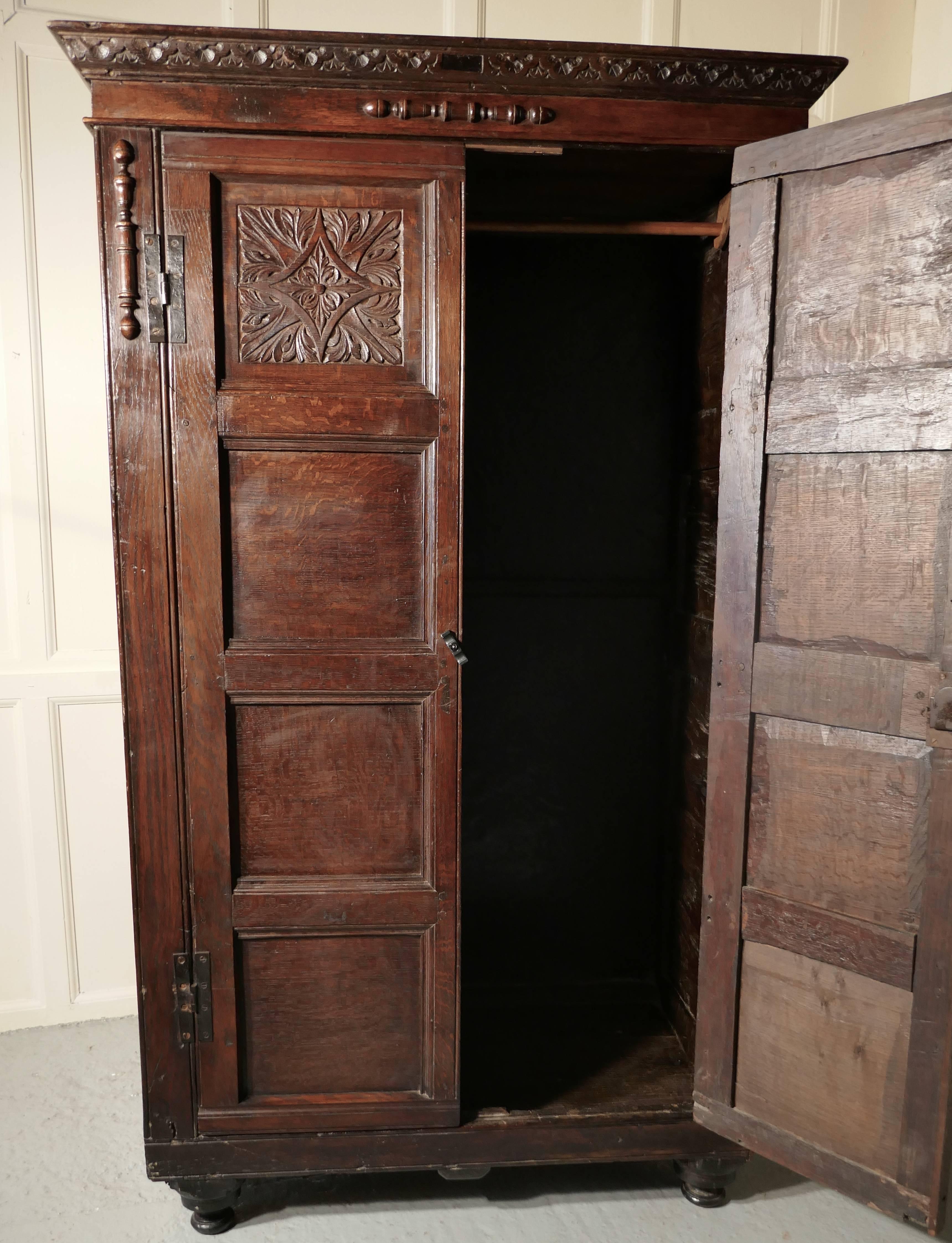 English 17th Century Carved Oak Cupboard or Wardrobe
