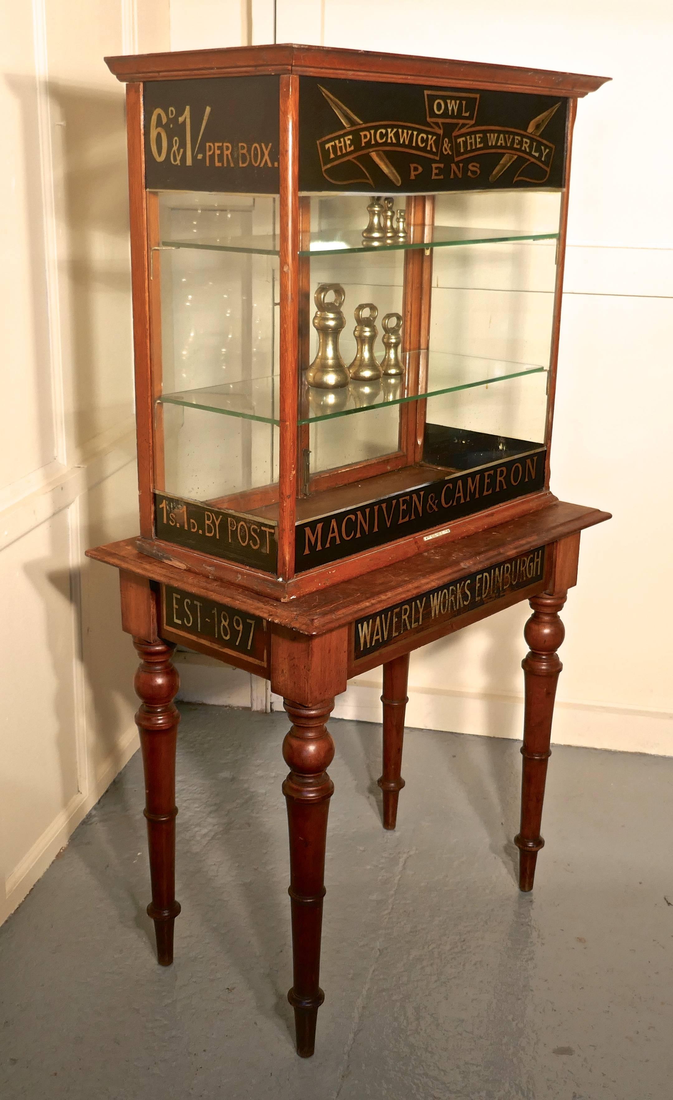 Victorian sign painted stationers cupboard, shop display 

A lovely piece of Victorian shop display, this mahogany cupboard is from Scotland’s MACNIVEN AND CAMERON’S PEN COMPANY, advertising pens, the cupboard is set on a matching table
The