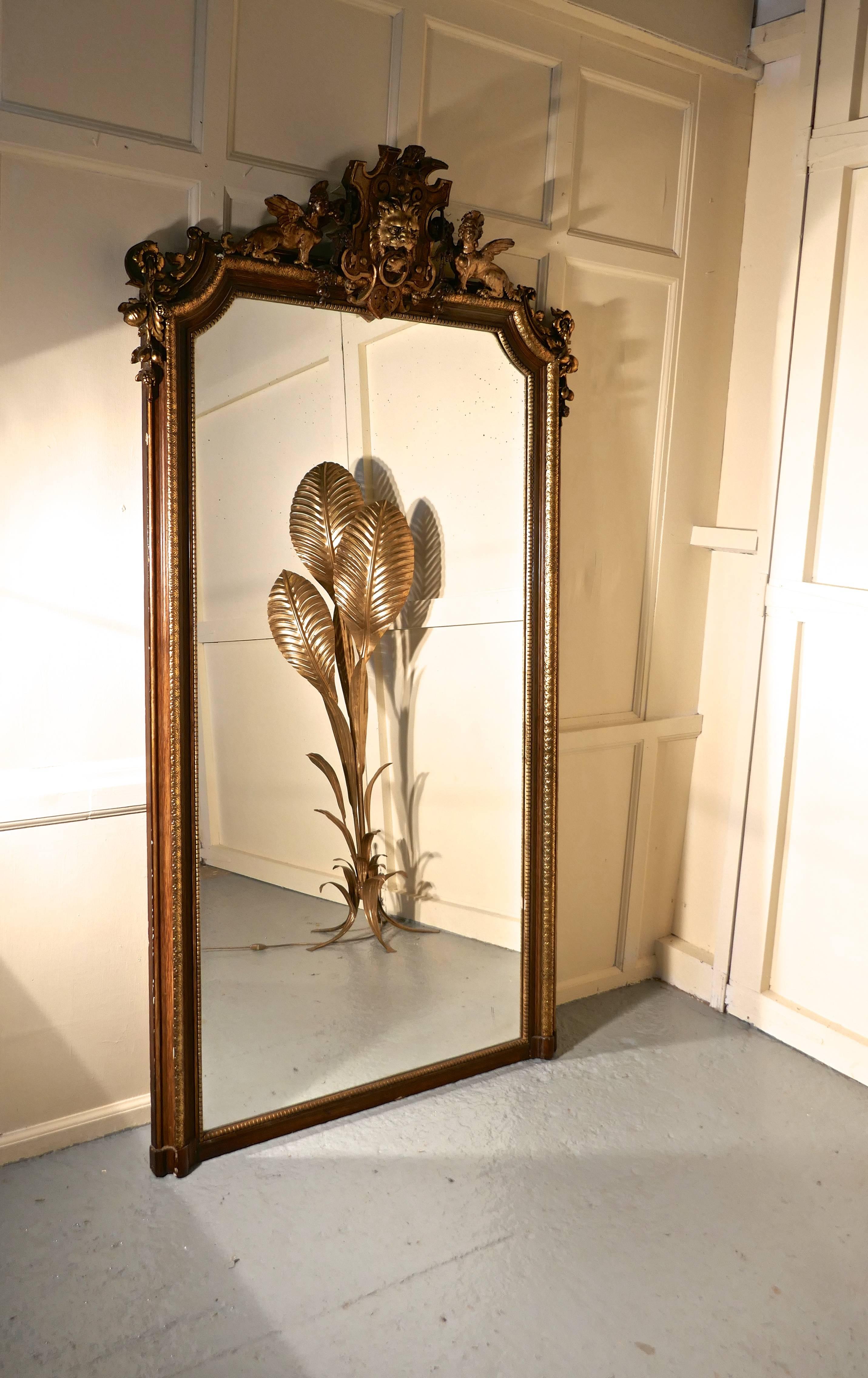 Very Large French Mirror, Winged Sphinx and Lyons Mask Crest In Good Condition In Chillerton, Isle of Wight