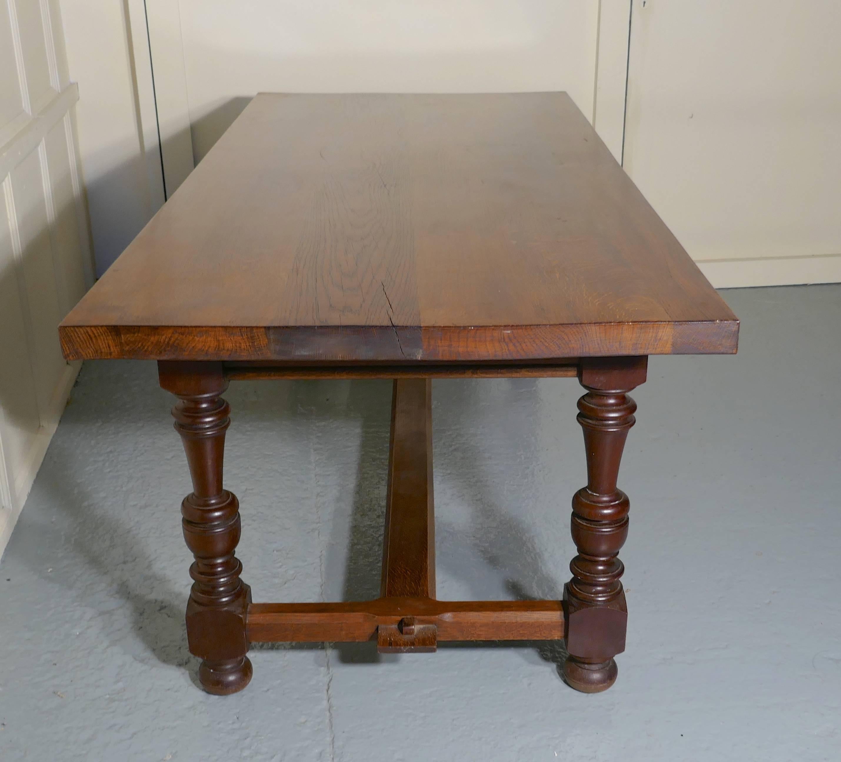 Large French Country oak dining table

This is a charming French Country oak dining table
This is a typical piece of French Provincial furniture it has stout turned legs and an oak plank top. 
The table it has very sturdy and chunky turned legs