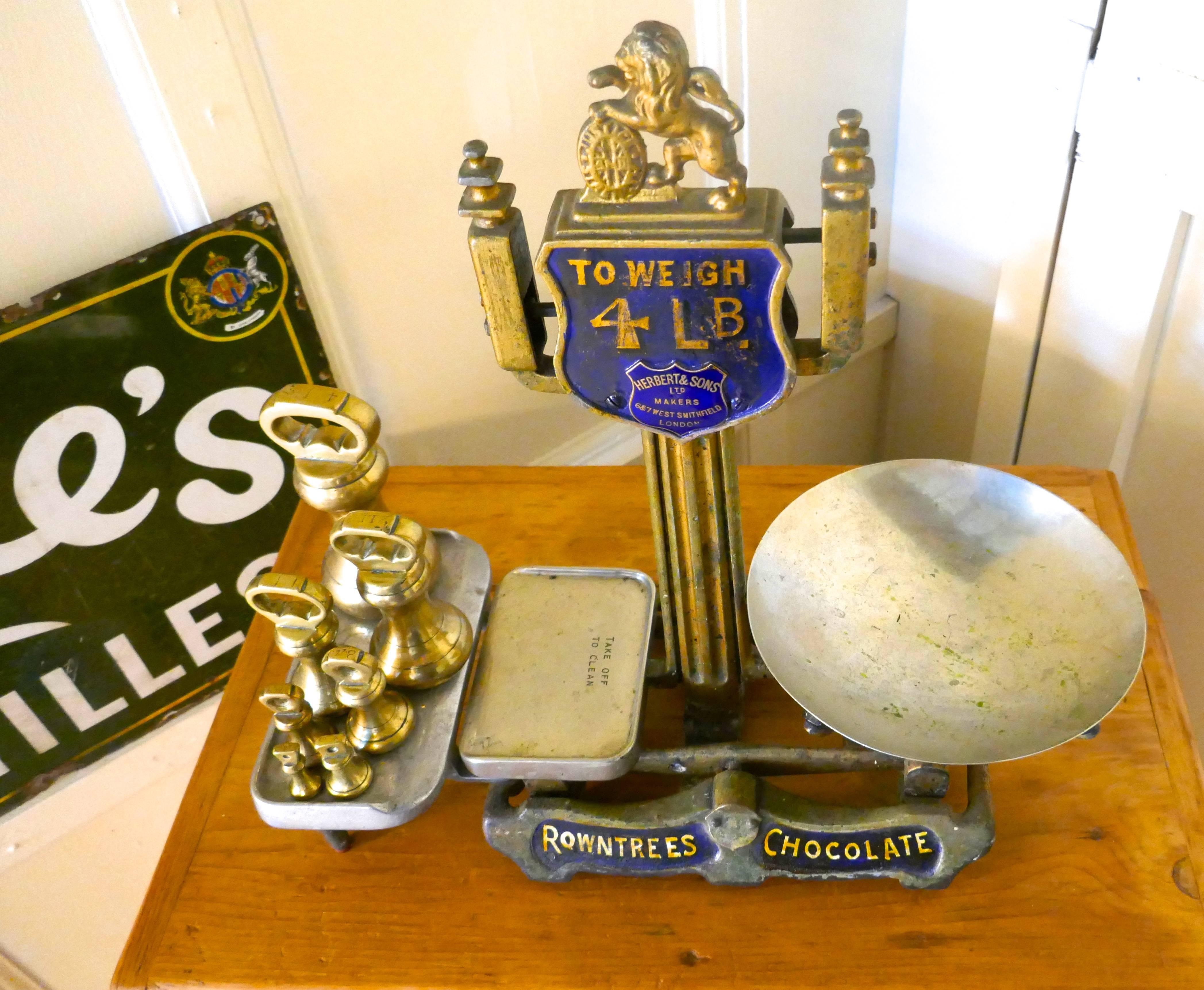 English 19th Century Set of Rowntree’s Sweetshop Scales with Brass Bell Weights