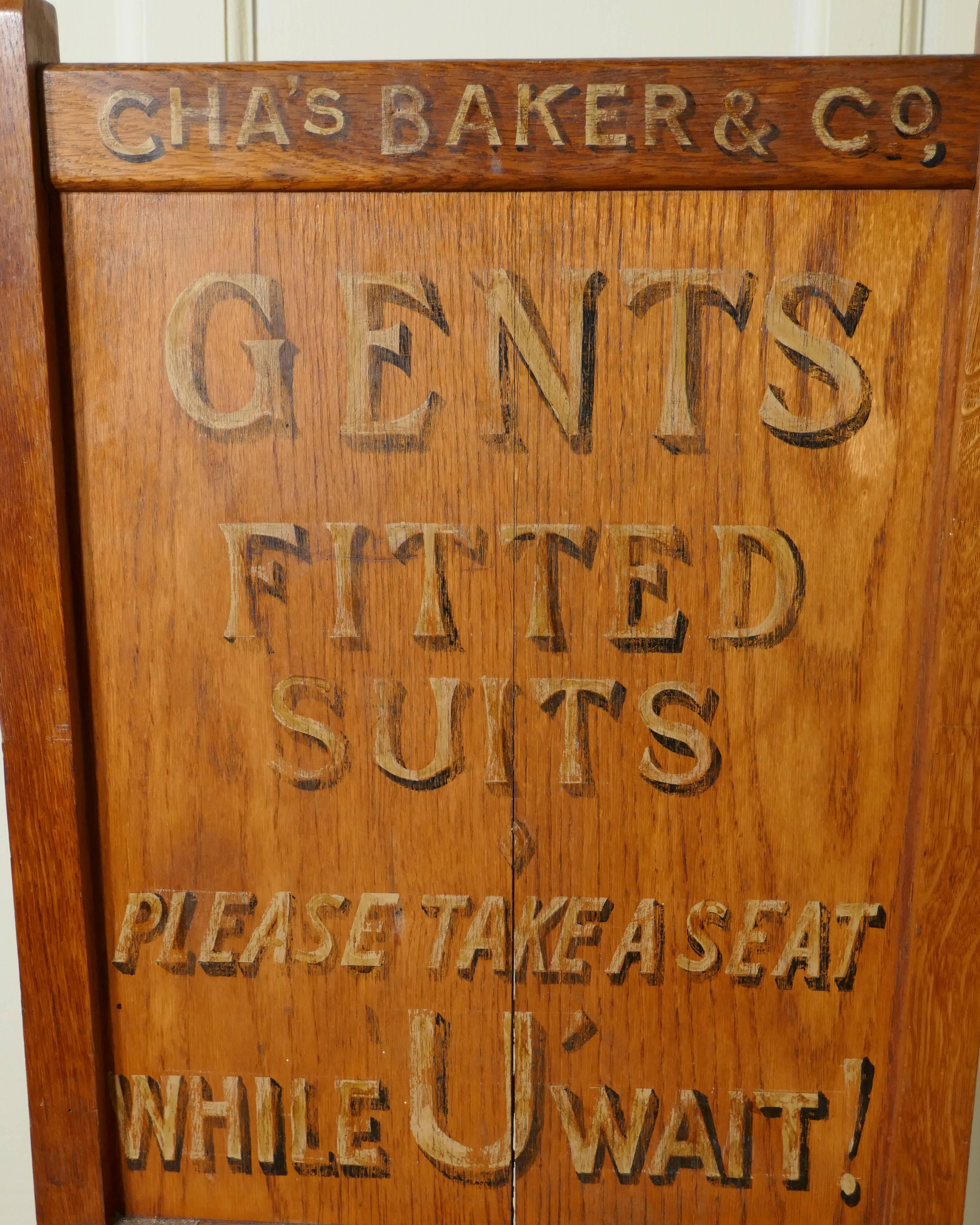 Victorian oak trouser press chair gentleman’s outfitter shop display

This is a very attractive piece, the chair is made in oak and has gold and shadowed lettering painted on the chair back, the chair was made by V.C.Bond of Hackney
This chair is