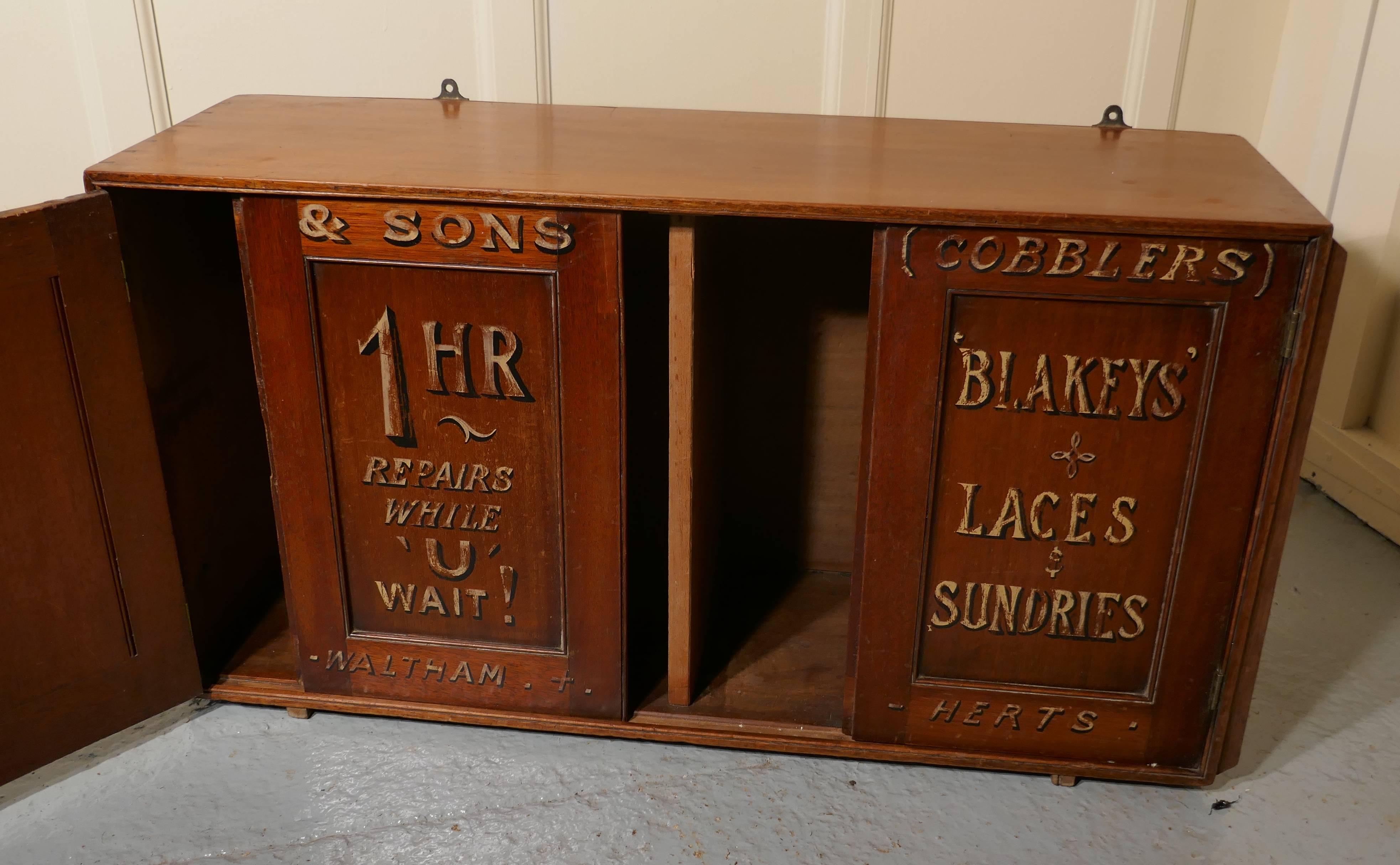 Victorian boot and shoe makers shop cupboard, shop display 

A very attractive piece of shop display furniture, the cupboard is made in mahogany and is very attractive, it has gold writing painted on the doors advertising repairs and sundries