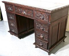 Victorian Green Man Carved Oak Pedestal Desk