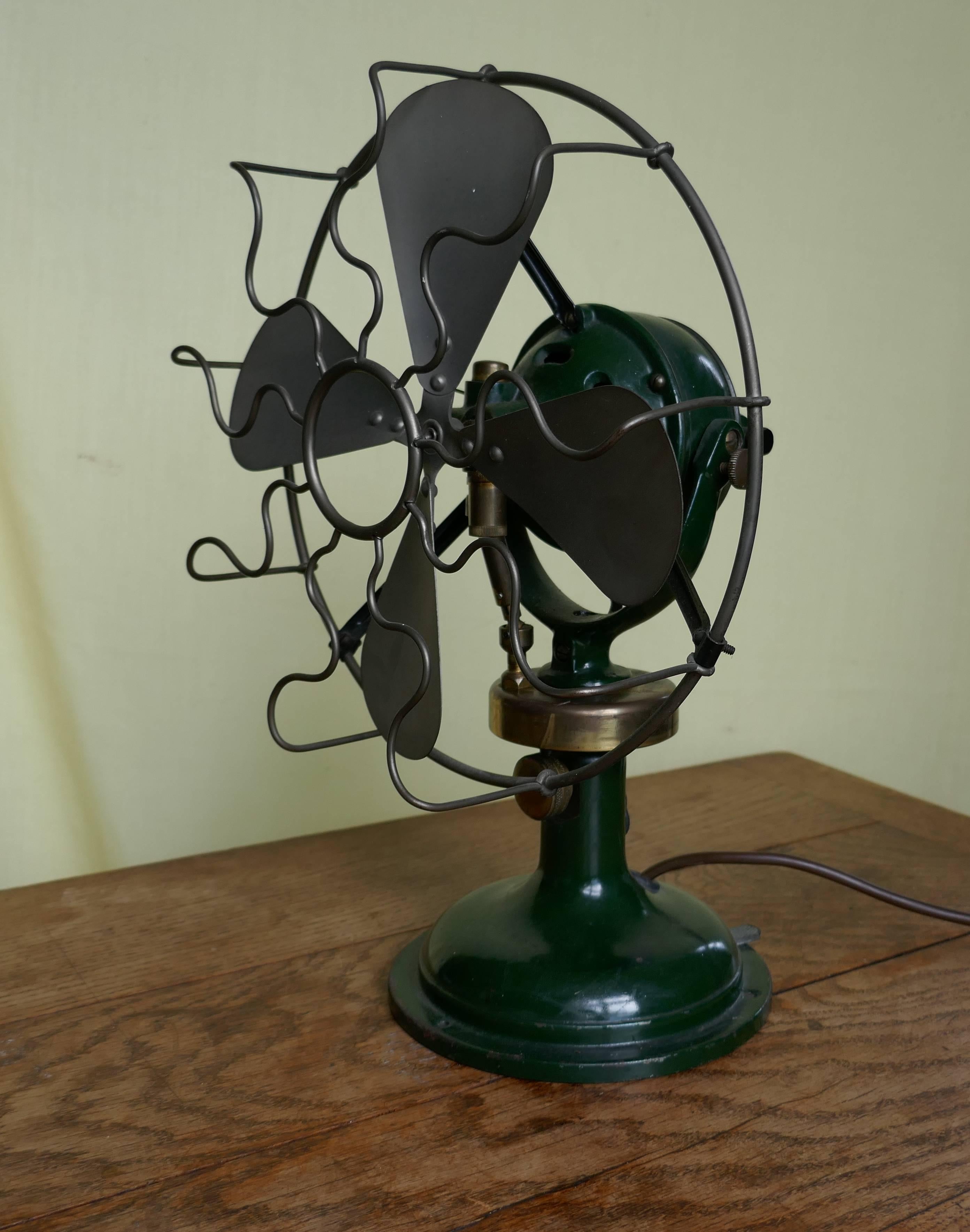 English Dark Green 1920s Art Deco Electric Fan, Industrial Antique