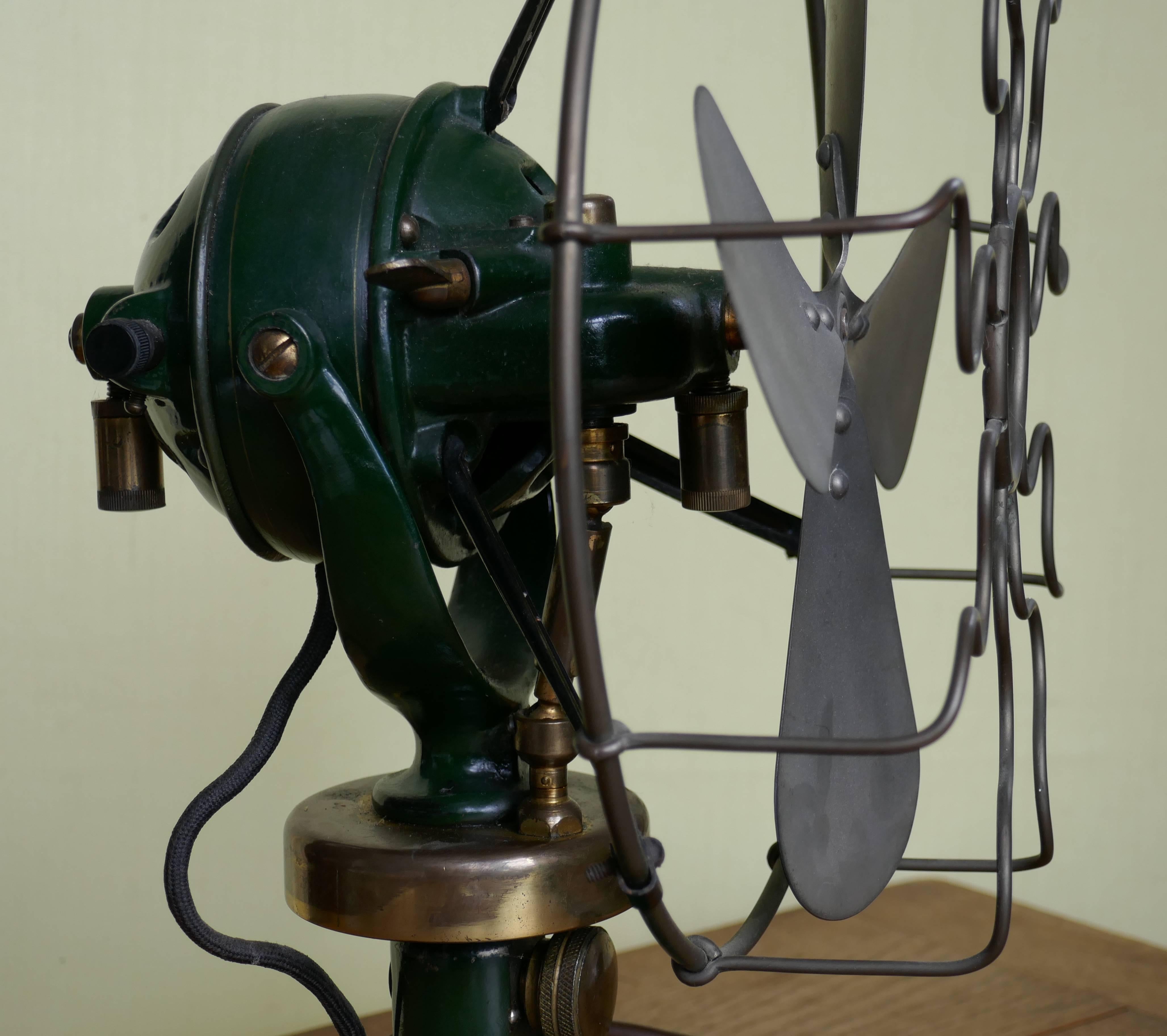 Dark Green 1920s Art Deco Electric Fan, Industrial Antique In Fair Condition In Chillerton, Isle of Wight