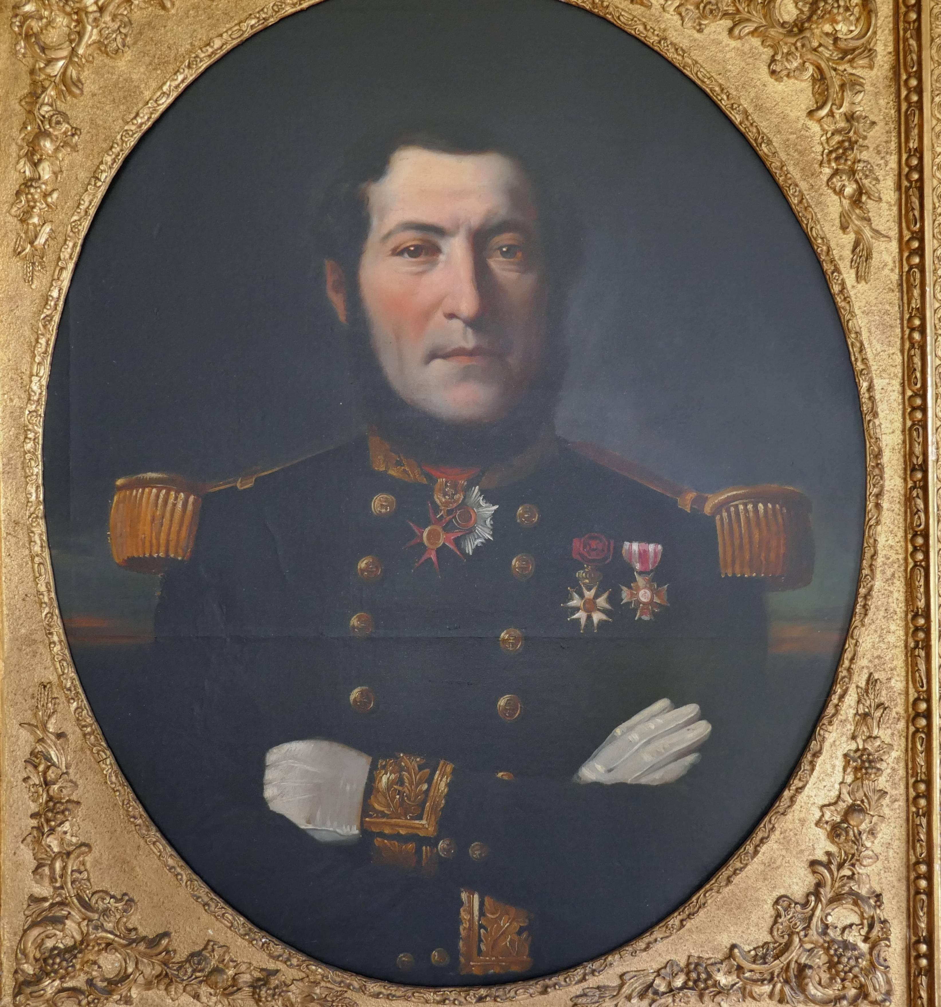 Portrait of a French naval officer, Vice Admiral Thomasset

This is a large painting oil on canvas, it is presented as an oval in a superb rectangular carved gilt frame
The subject is Vice Admiral Thomasset, in French Naval Dress Uniform, a man