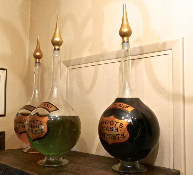 Trio of Very Large Antique Apothecary or Old Chemist Jars Shop Display