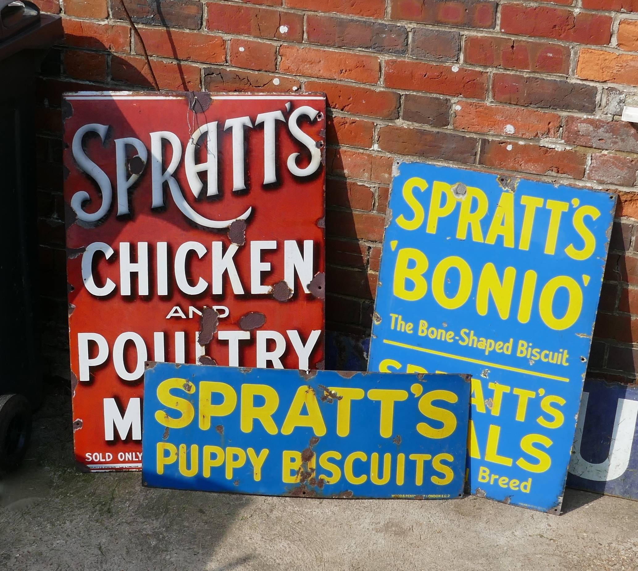 Original Spratt’s enamel sign 

Very rare old sign, blue background, bright yellow writing advertising Puppy Biscuits

The sign is in good general condition it is made in ceramic enamel and has some rust and chipping there is a small hole at the