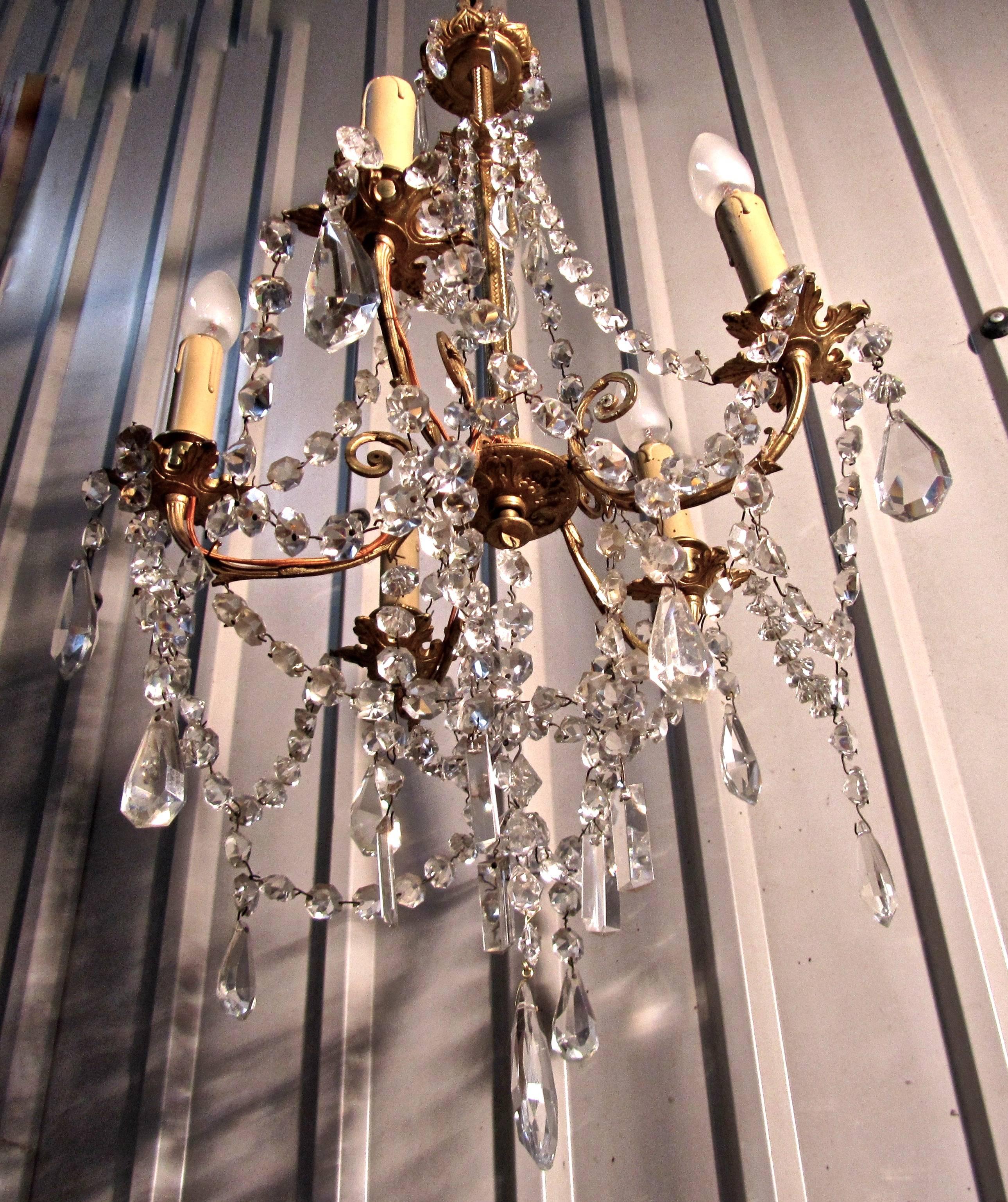 20th Century Charming and Large French Cut Glass and Brass Five Branch Chandelier For Sale