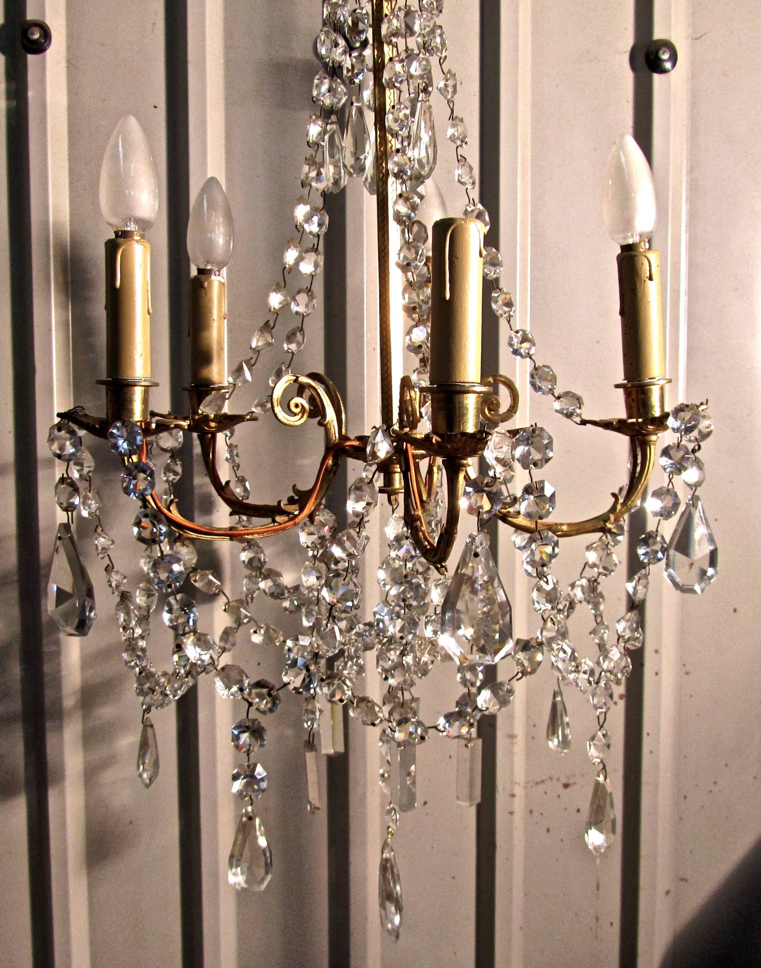 Crystal Charming and Large French Cut Glass and Brass Five Branch Chandelier For Sale
