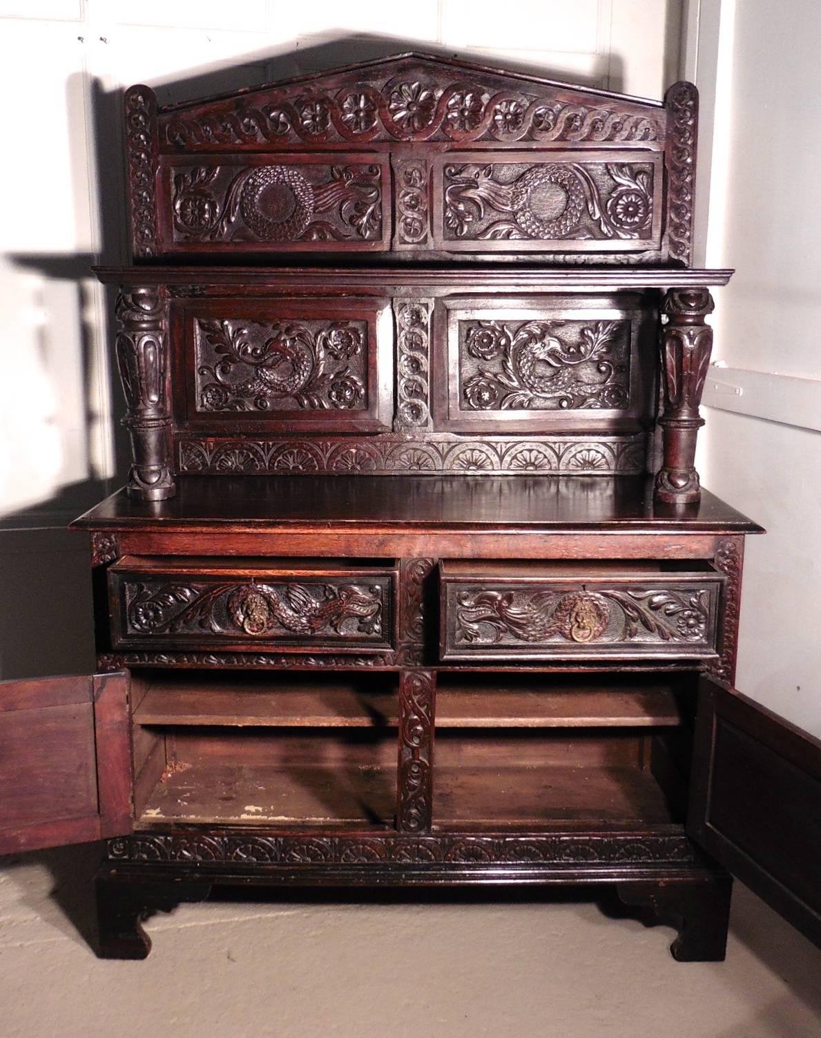 Gothic 19th Century Carved Welsh Oak Sideboard, Dresser or Hall Cupboard
