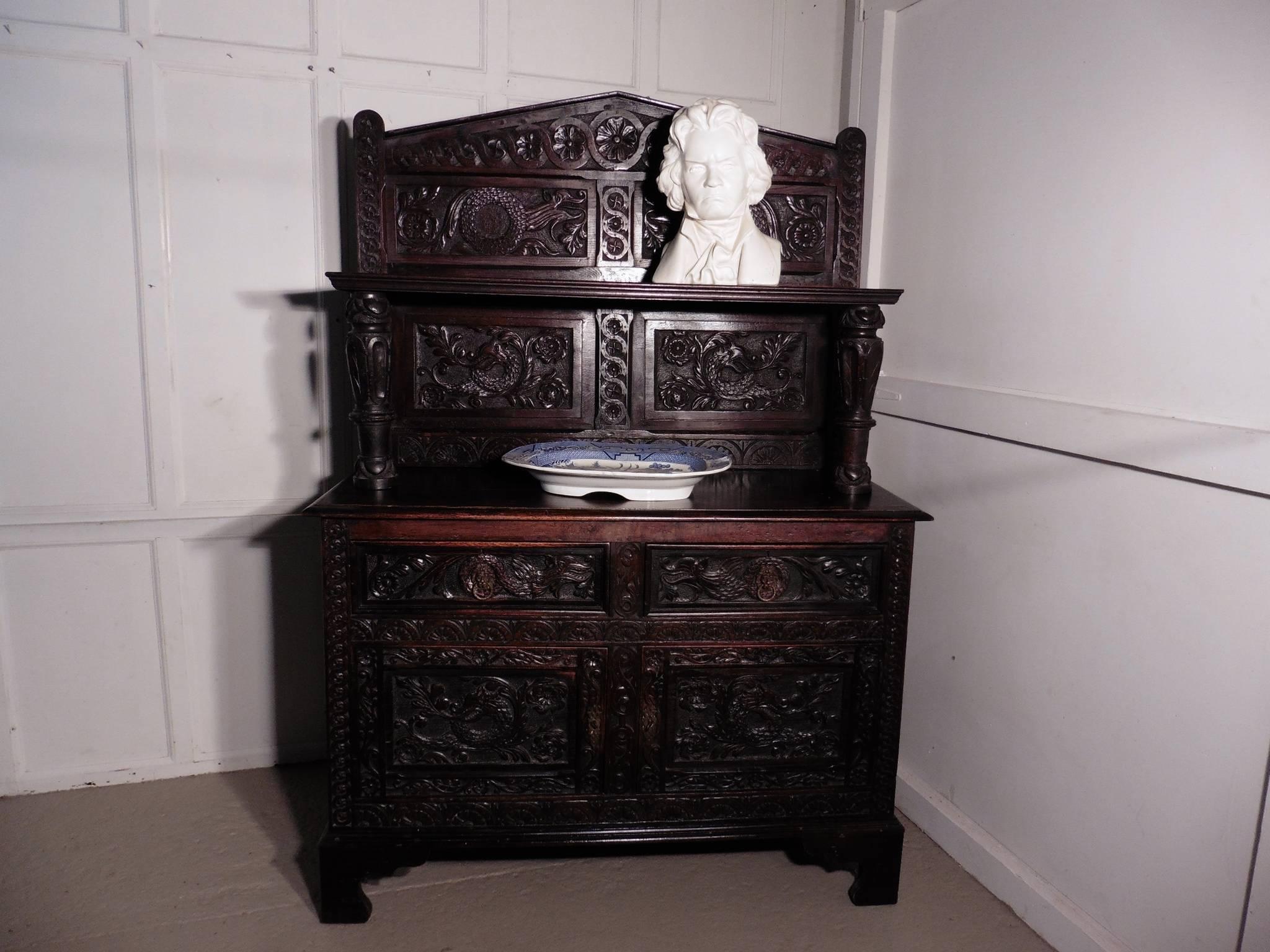 19th Century Carved Welsh Oak Sideboard, Dresser or Hall Cupboard In Good Condition In Chillerton, Isle of Wight