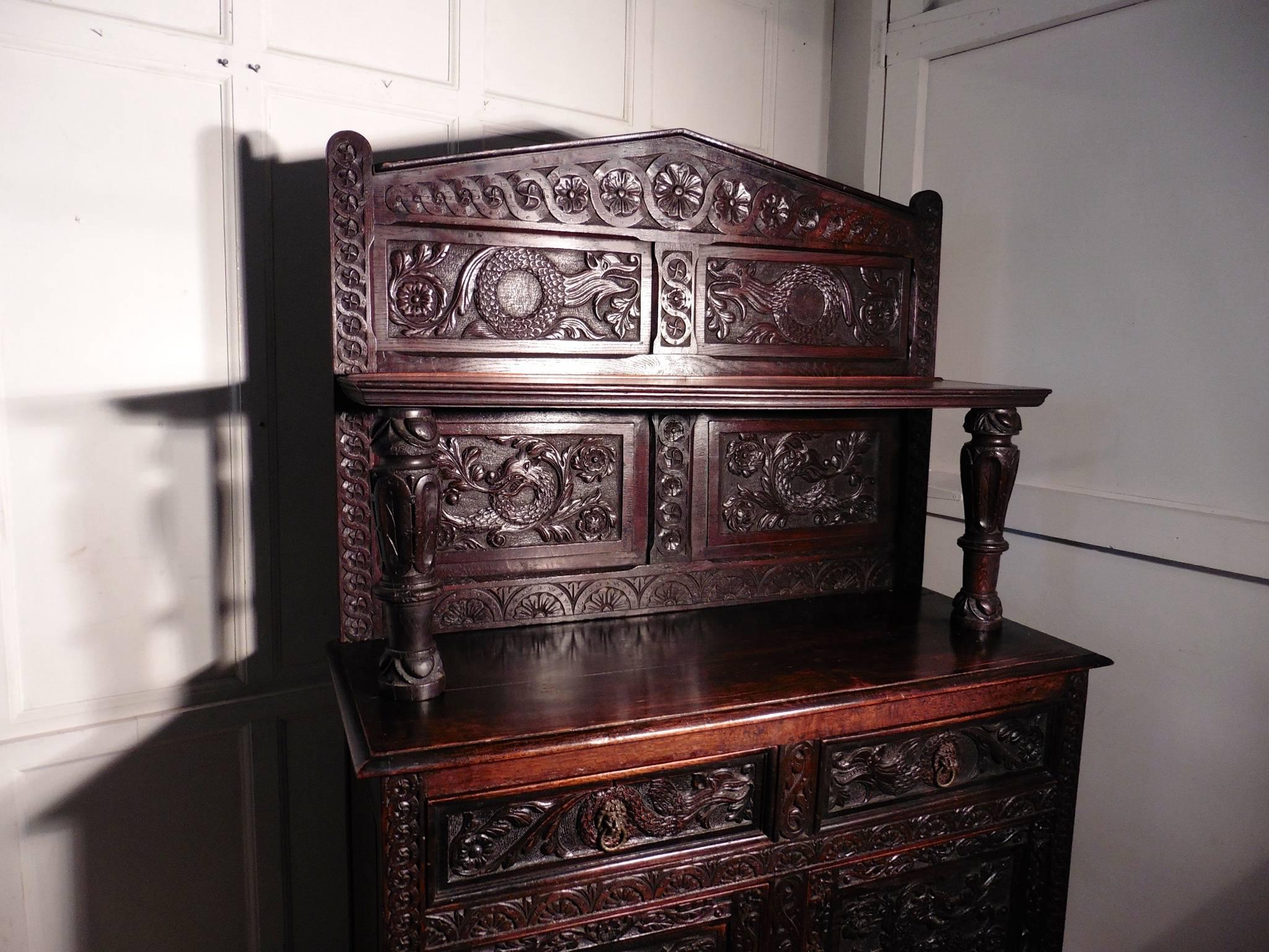 19th Century Carved Welsh Oak Sideboard, Dresser or Hall Cupboard 3