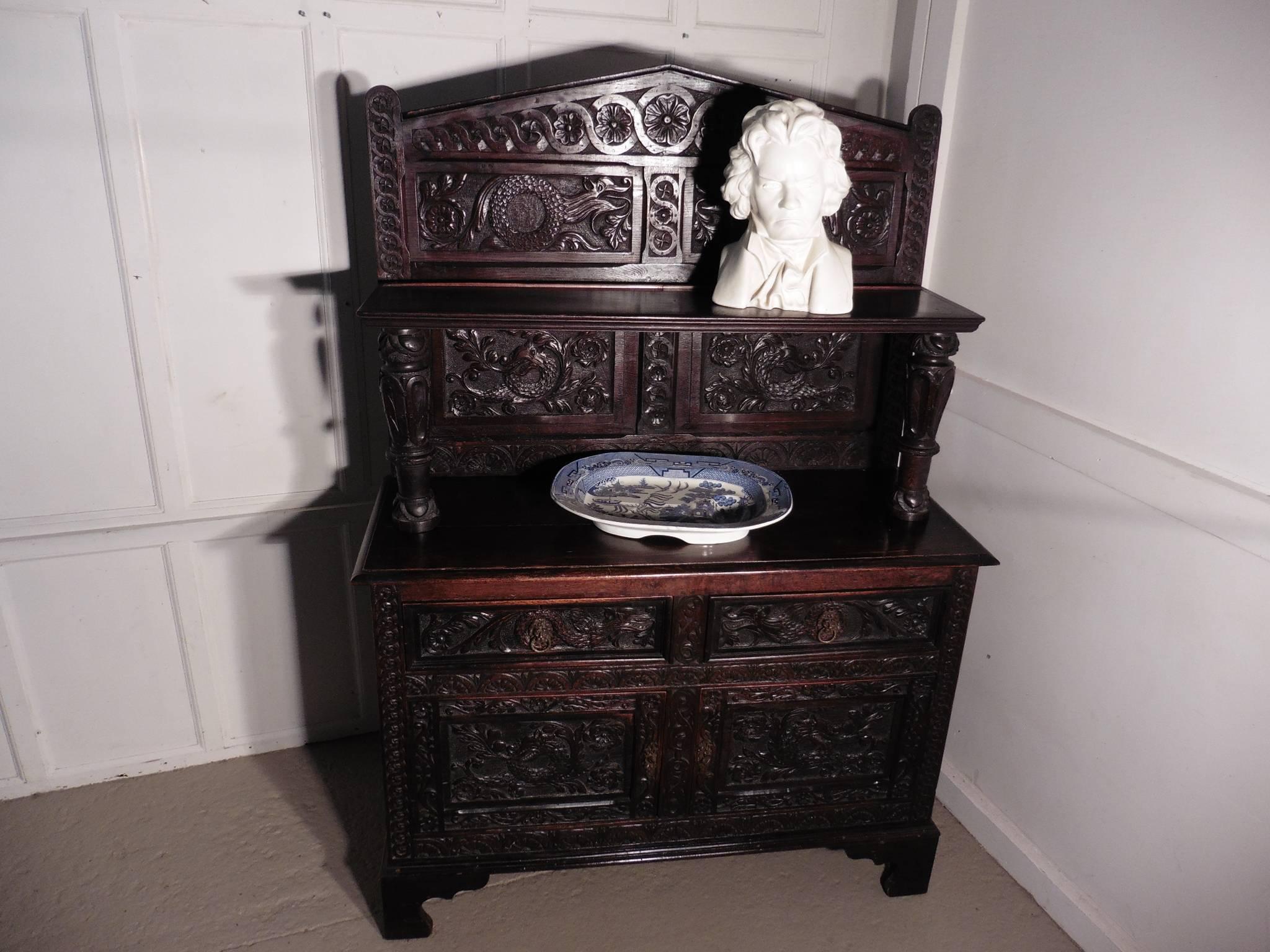 19th Century Carved Welsh Oak Sideboard, Dresser or Hall Cupboard 4