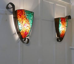 Set of Four Extra Large Gothic Art Deco Glass and Copper Wall Lights