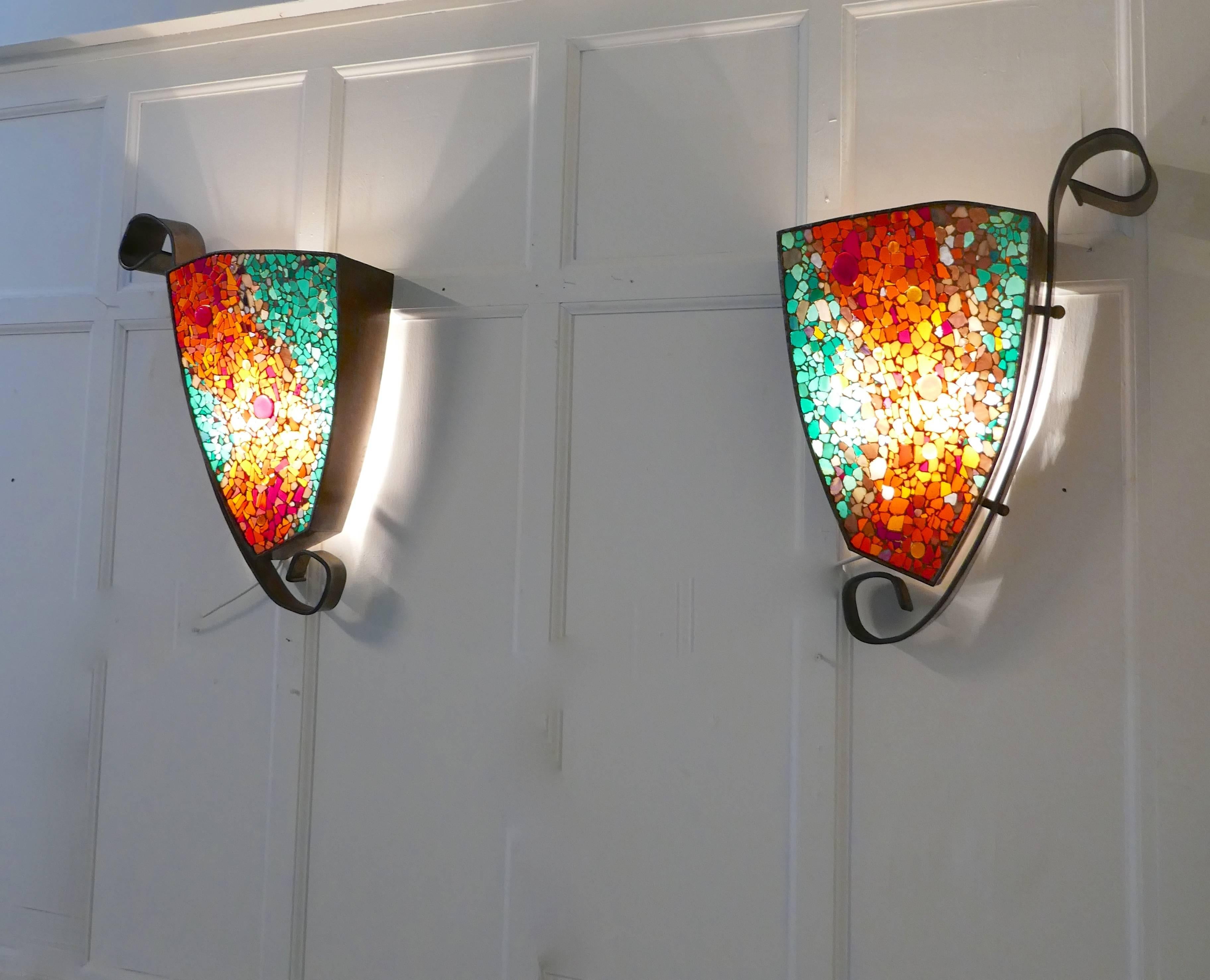 Moroccan Set of Four Extra Large Gothic Art Deco Glass and Copper Wall Lights